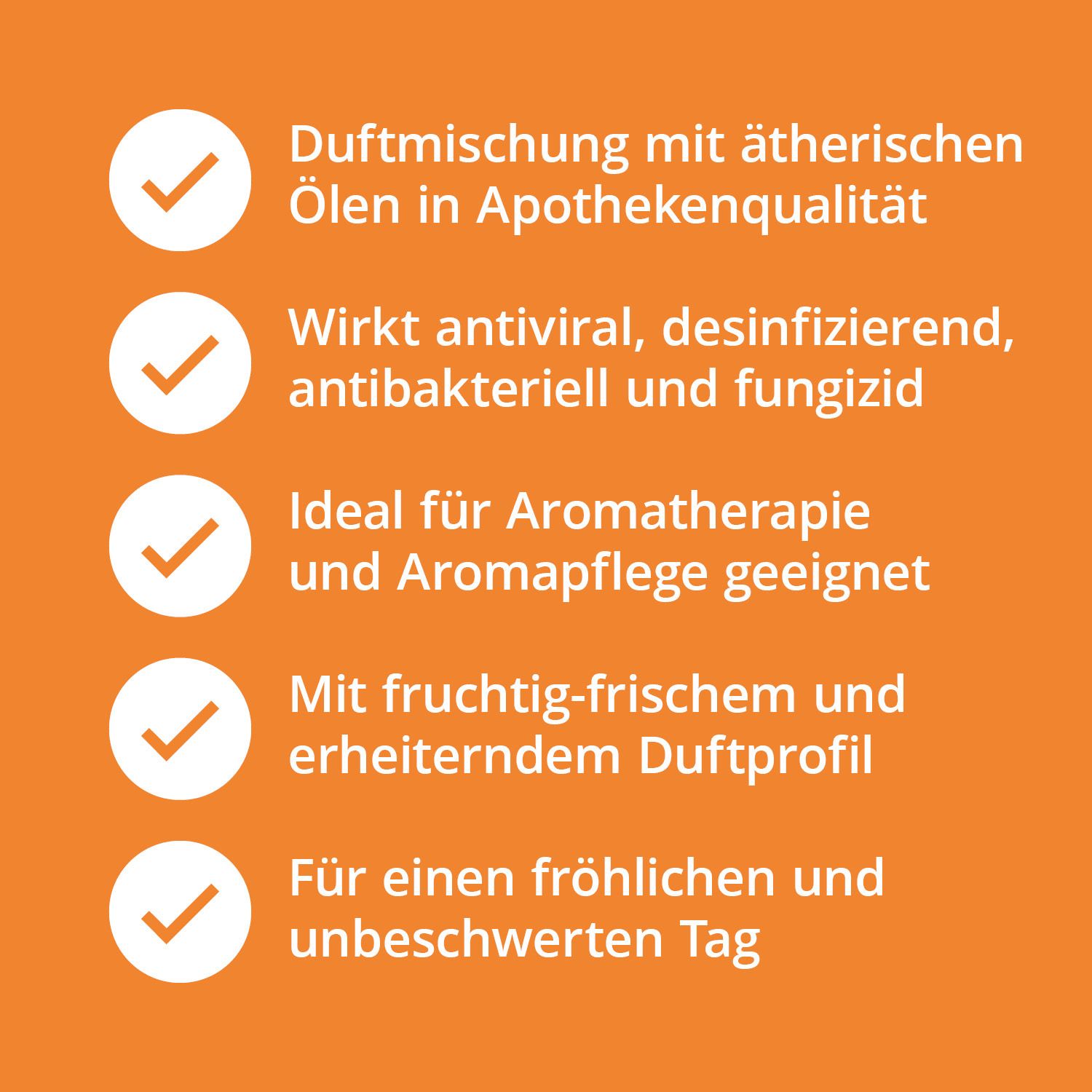 Fond orange avec texte : avantages du mélange de parfums, tels que qualité pharmaceutique, antiviral et pour l'aromathérapie.