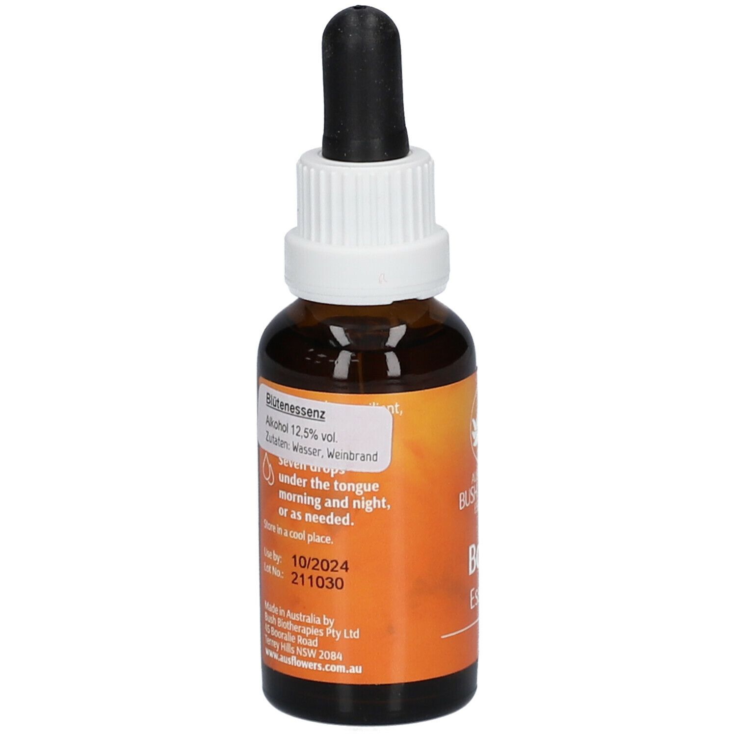 Flacon en verre brun avec pipette. Inscription : Essence de fleurs, 12,5% vol. Mode d'emploi. Date de péremption.