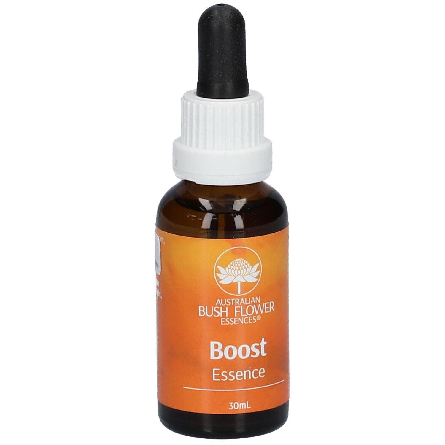 Flacon en verre brun avec pipette. Inscription : Boost Essence, 30ml. Logo : Australian Bush Flower Essences.