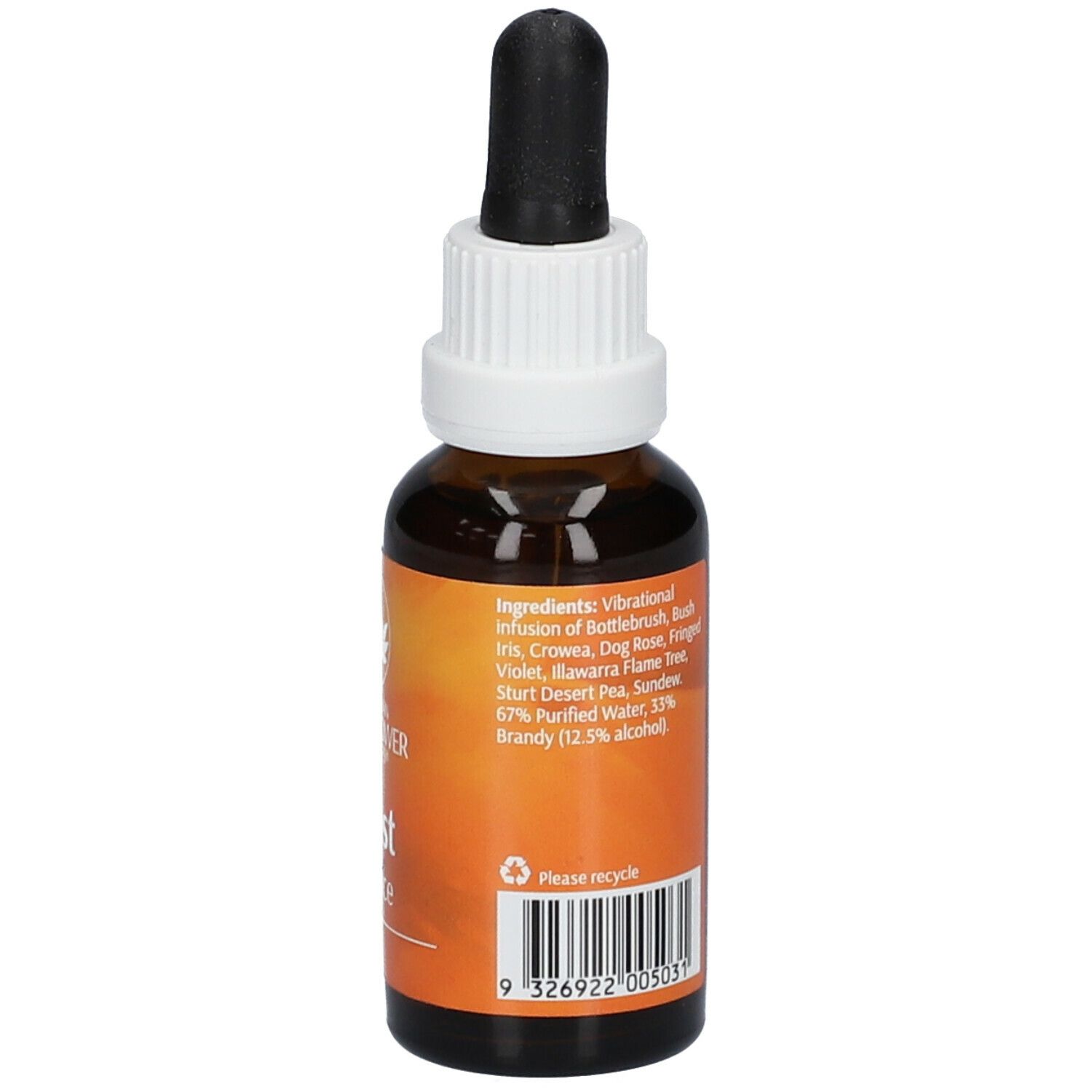 Flacon en verre brun avec pipette. Inscription : Boost Essence, 30ml. Ingrédients. Code-barres. Logo : Australian Bush Flower Essences.