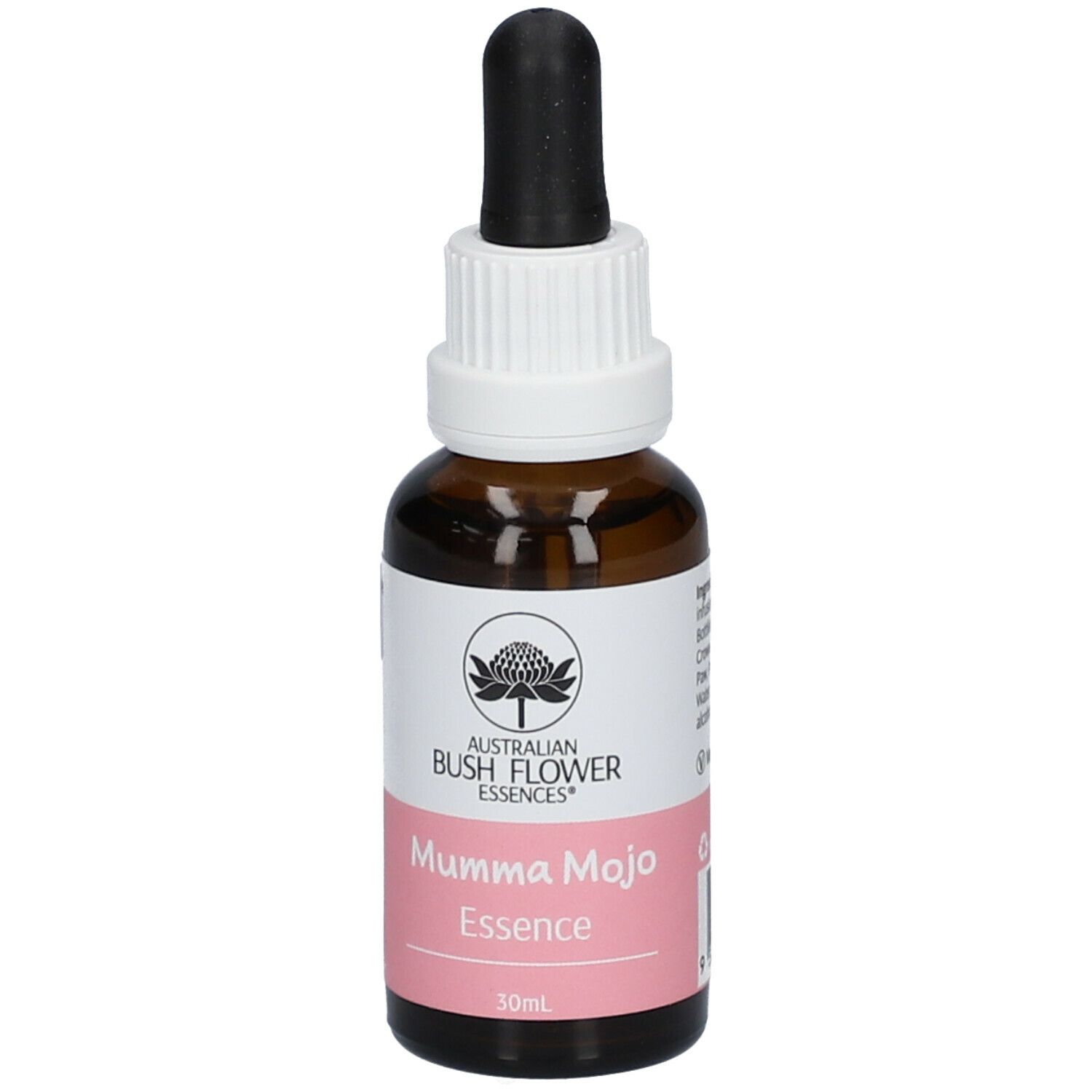 Flacon en verre brun avec compte-gouttes. Étiquette avec logo, nom Mumma Mojo et 30ml. Bouchon à vis blanc.