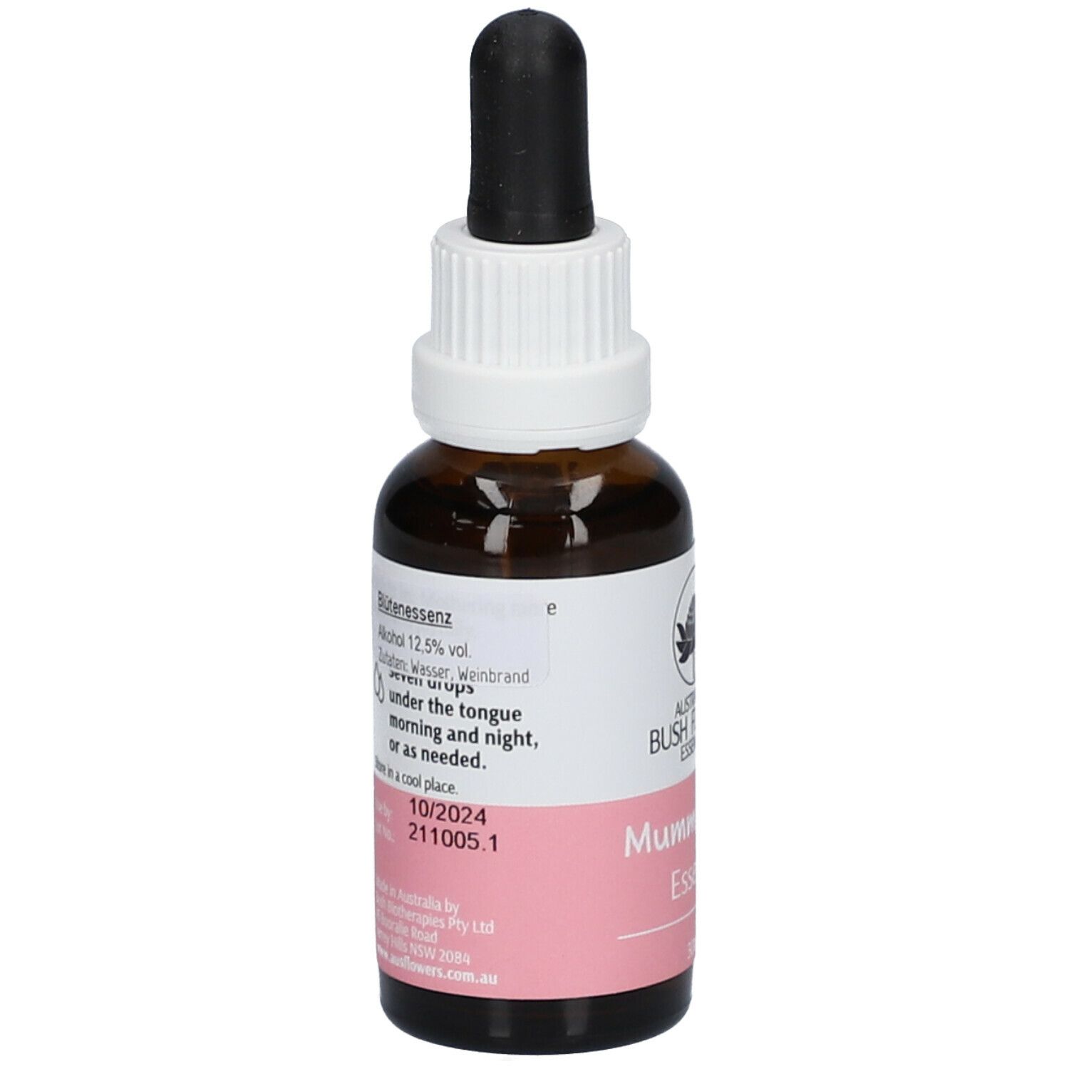 Flacon en verre brun avec compte-gouttes. Étiquette avec logo, nom Mumma Mojo. Contient 12,5% d'alcool. Date de péremption 10/2024.