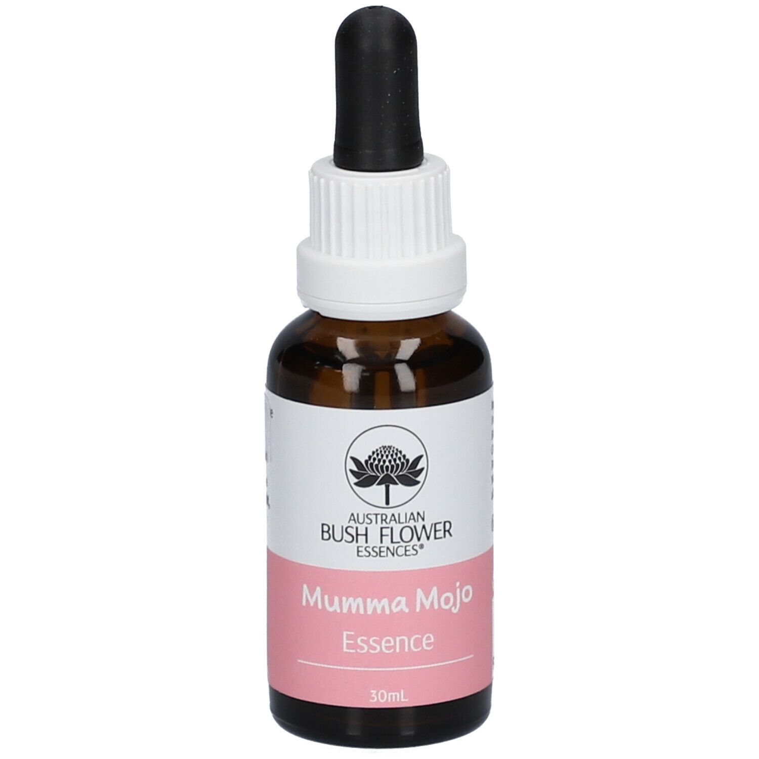 Flacon en verre brun avec compte-gouttes. Étiquette avec logo, nom Mumma Mojo et 30ml. Bouchon à vis blanc.