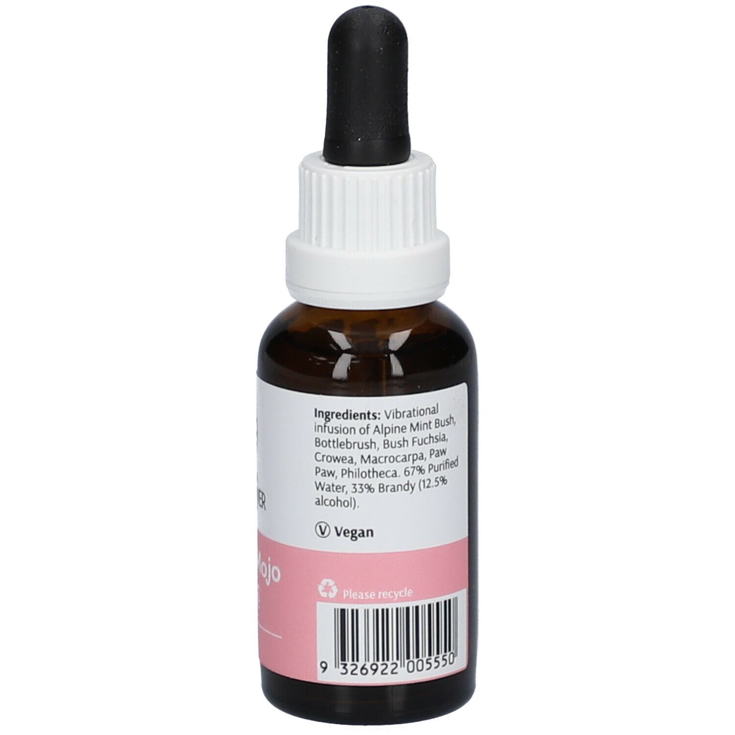 Flacon en verre brun avec compte-gouttes. Étiquette avec logo, nom Mumma Mojo. Ingrédients. Label végan. Code-barres. Bouchon blanc.