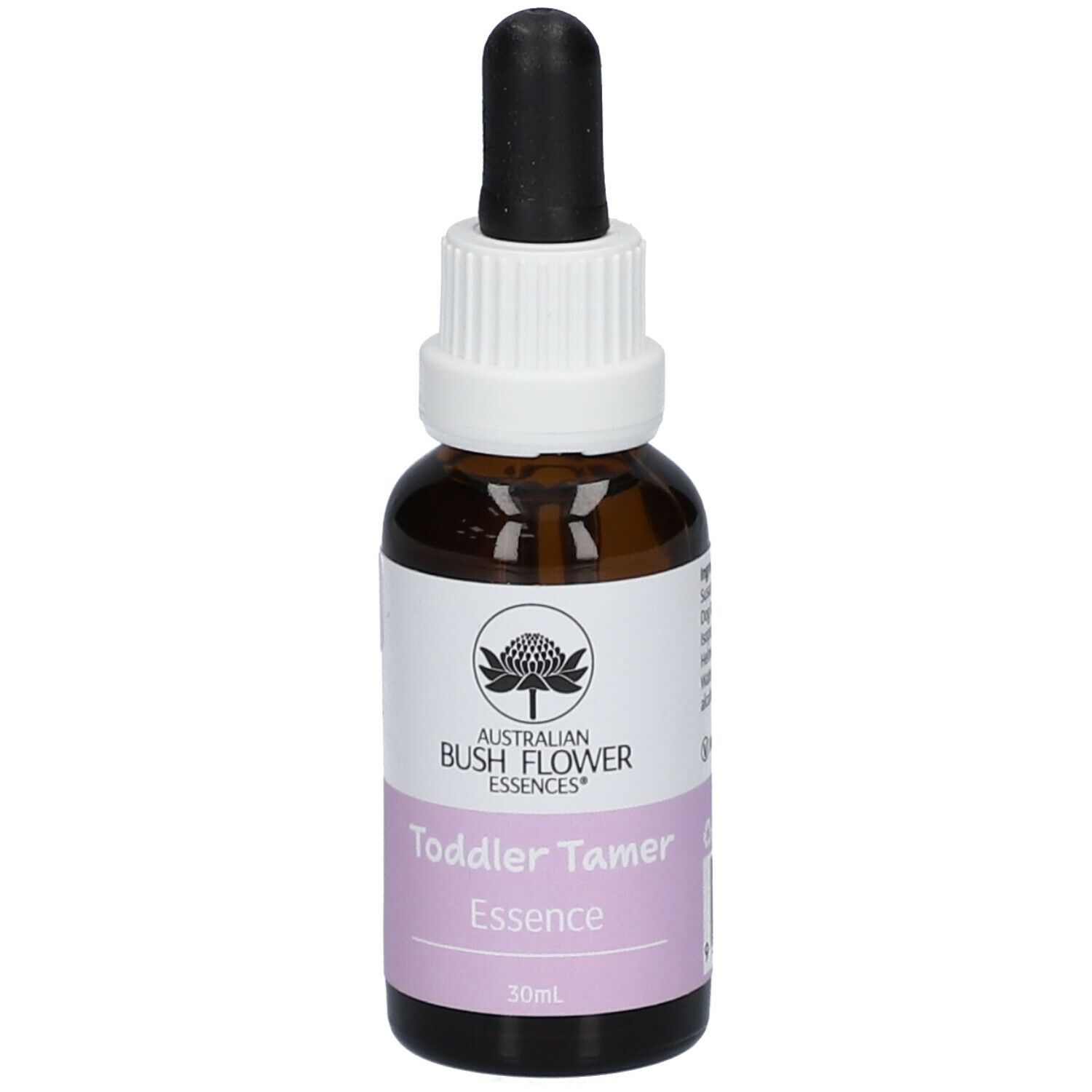 Braunglasflasche mit Tropfer. Aufschrift: Australian Bush Flower Essences® Toddler Tamer Essence. Etikett mit 30ml.