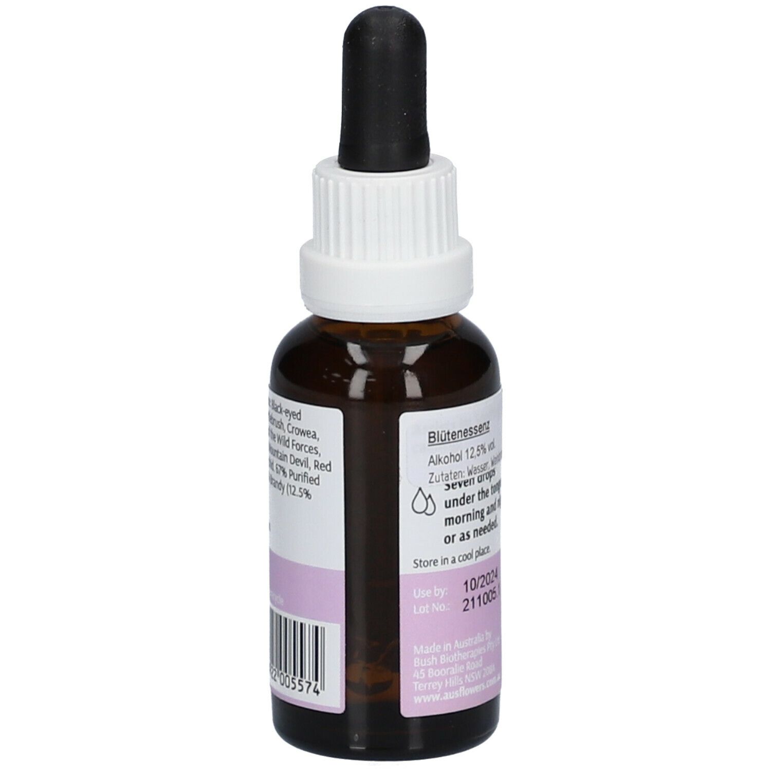 Braunglasflasche mit Tropfer. Aufschrift: Australian Bush Flower Essences®. Etikett mit Inhaltsstoffen und Barcode.