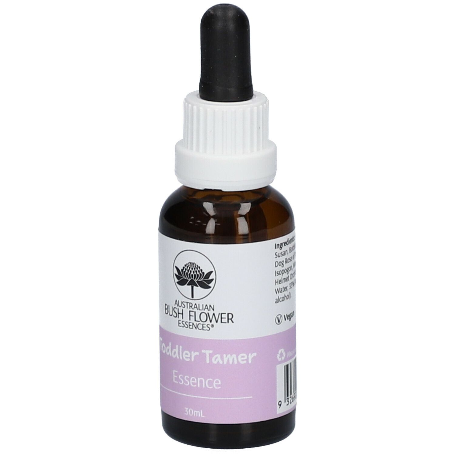 Braunglasflasche mit Tropfer. Aufschrift: Australian Bush Flower Essences® Toddler Tamer Essence. Etikett mit 30ml.