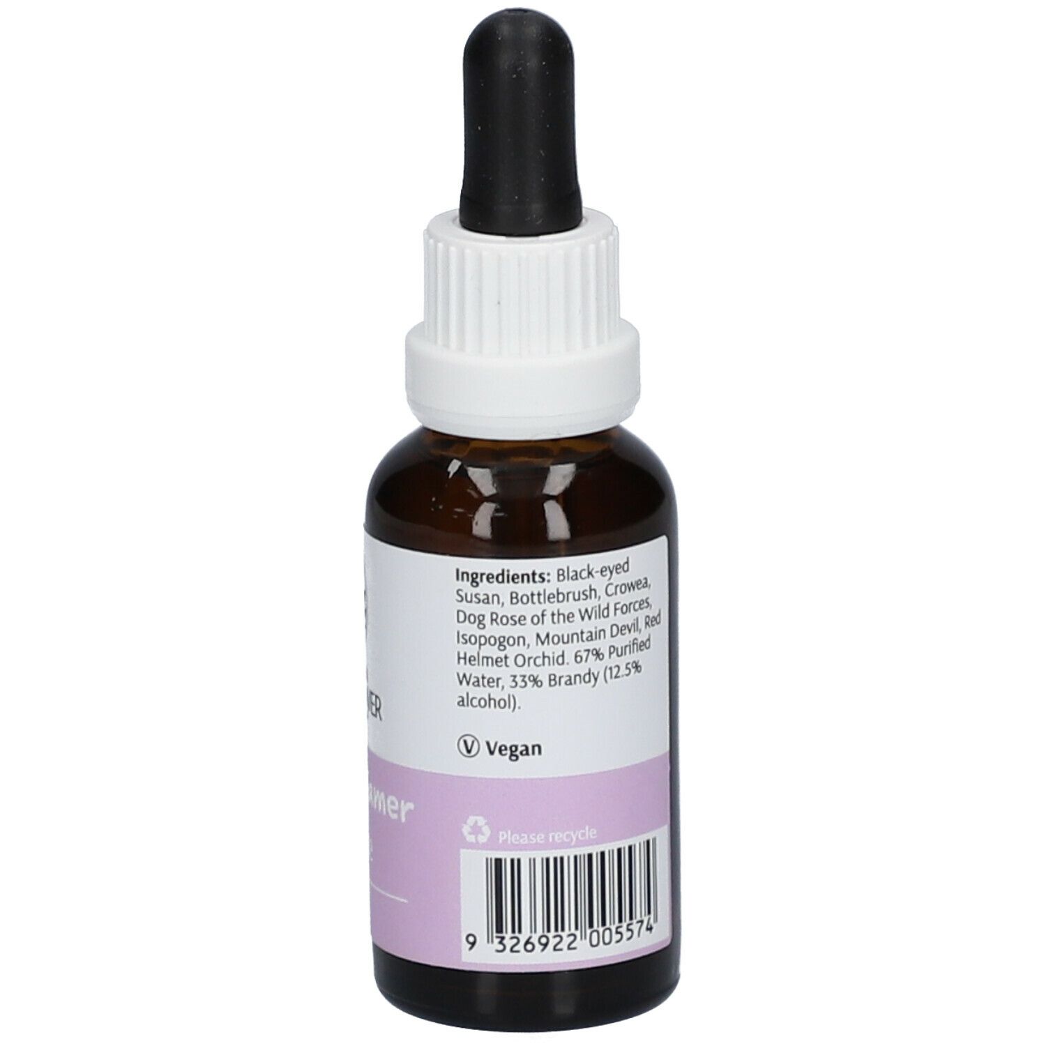 Braunglasflasche mit Tropfer. Aufschrift: Australian Bush Flower Essences® Toddler Tamer Essence. Etikett mit Inhaltsstoffen.