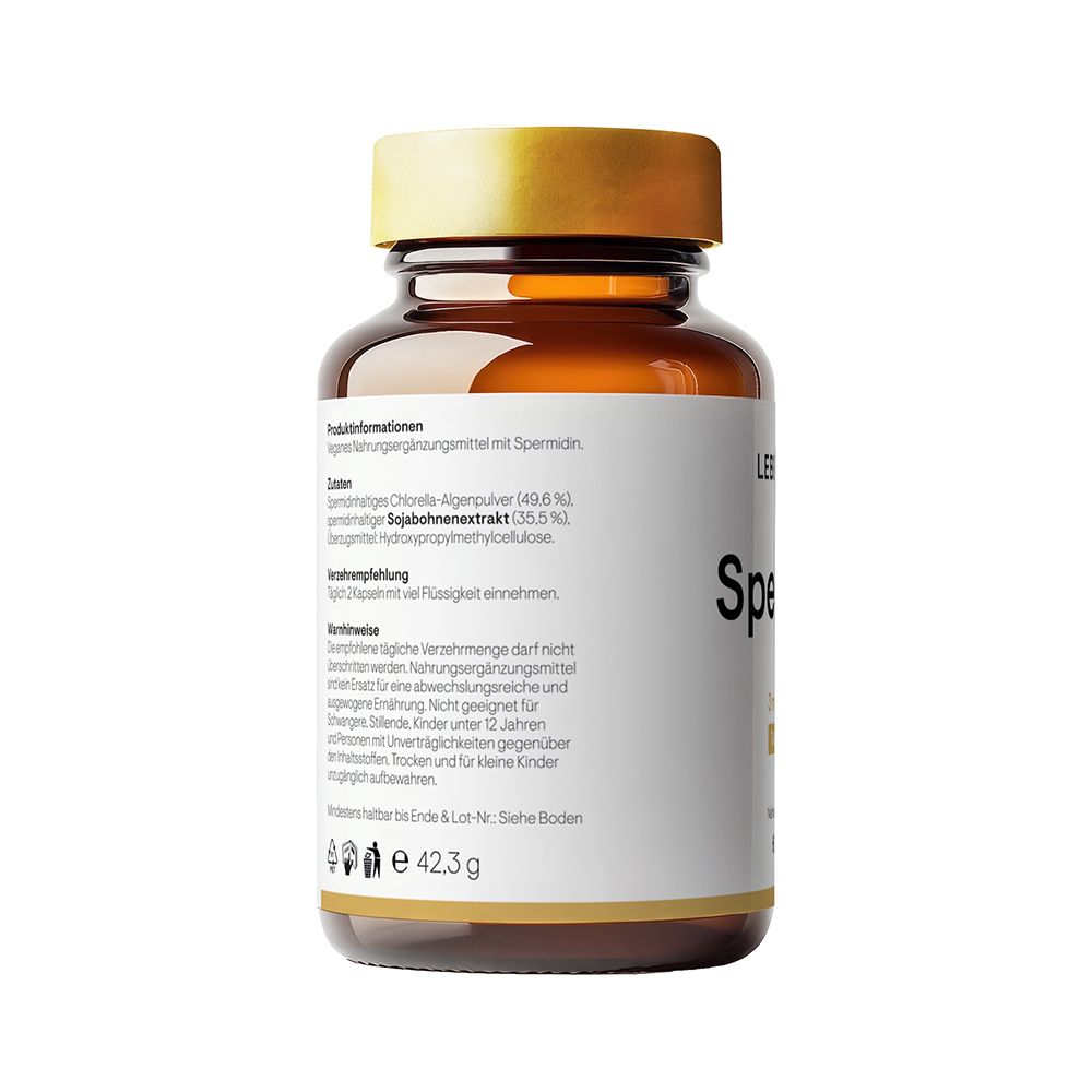 Rückseite der Flasche mit Produktinformationen, Zutaten und Verzehrempfehlung. Gewicht 42,3 g.