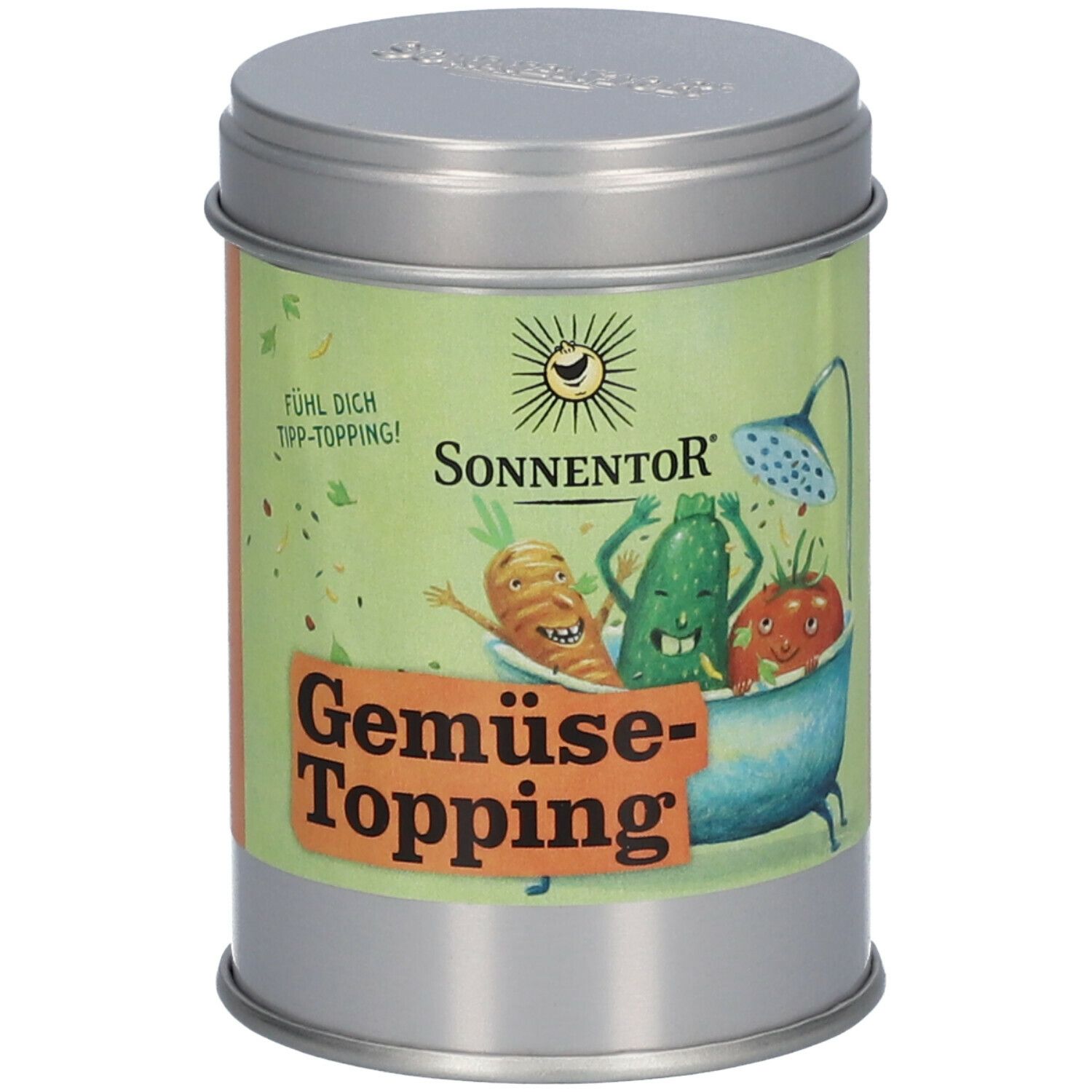 Zylindrische Dose SonnentoR Gemüse Topping. Aufdruck mit Gemüse-Illustrationen. Deckel und Dose silbern.