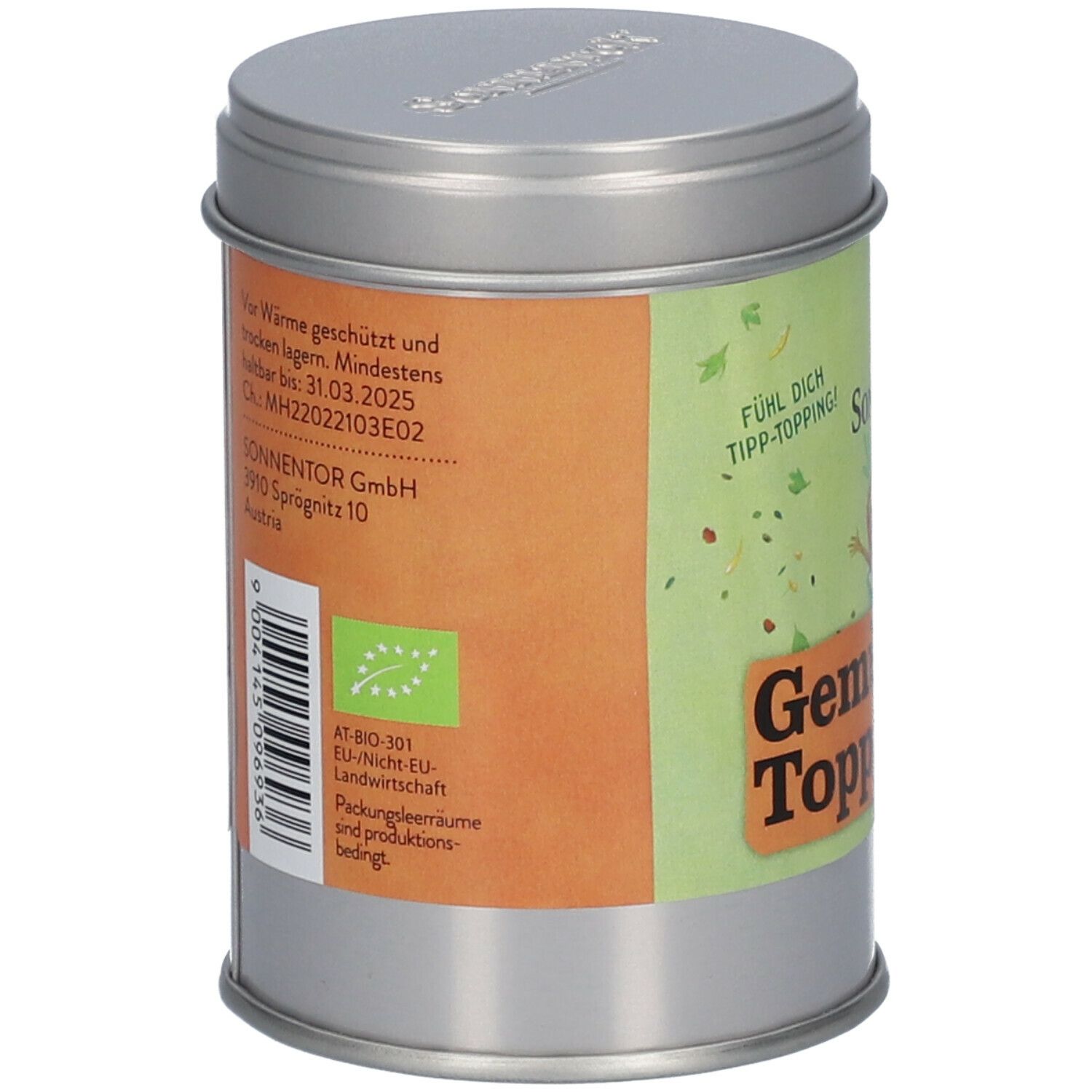 Rückseite der Dose SonnentoR Gemüse Topping. Text mit Inhaltsstoffen, Mindesthaltbarkeit und Bio-Siegel.