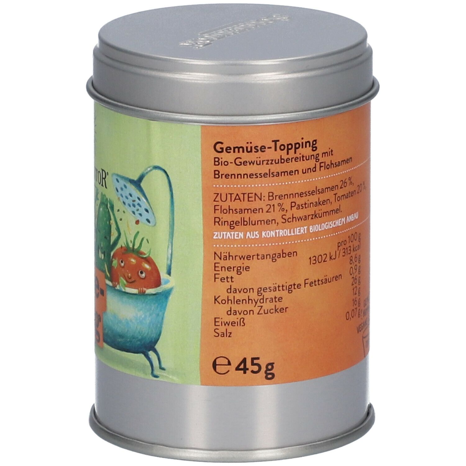 Dose SonnentoR Gemüse Topping. Detailansicht der Zutaten und Nährwertangaben. 45g. Bio-Siegel.