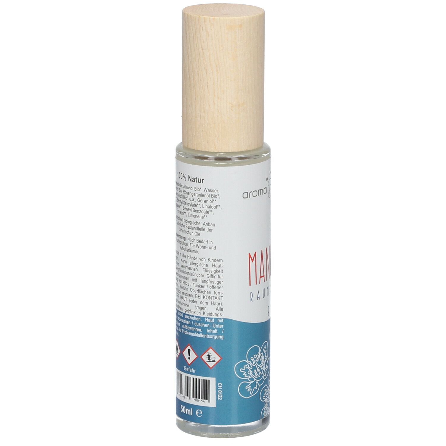 Aroma Balance Manuka Raumspray Bio. Rückseite der Flasche. Etikett mit Inhaltsstoffen, Warnhinweisen und 50ml Angabe.