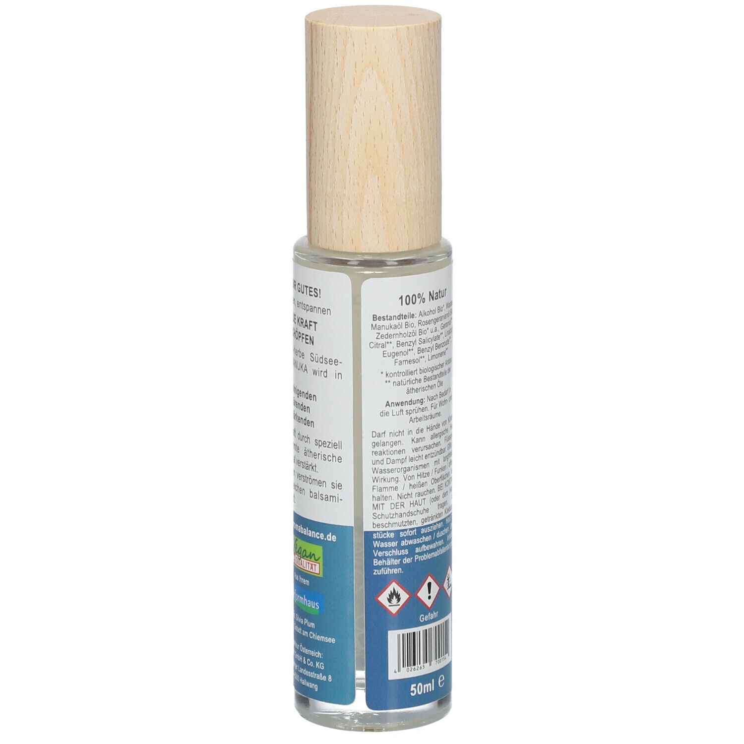 Aroma Balance Manuka Raumspray Bio. Rückseite der Flasche. Etikett mit Inhaltsstoffen, Warnhinweisen und 50ml Angabe.