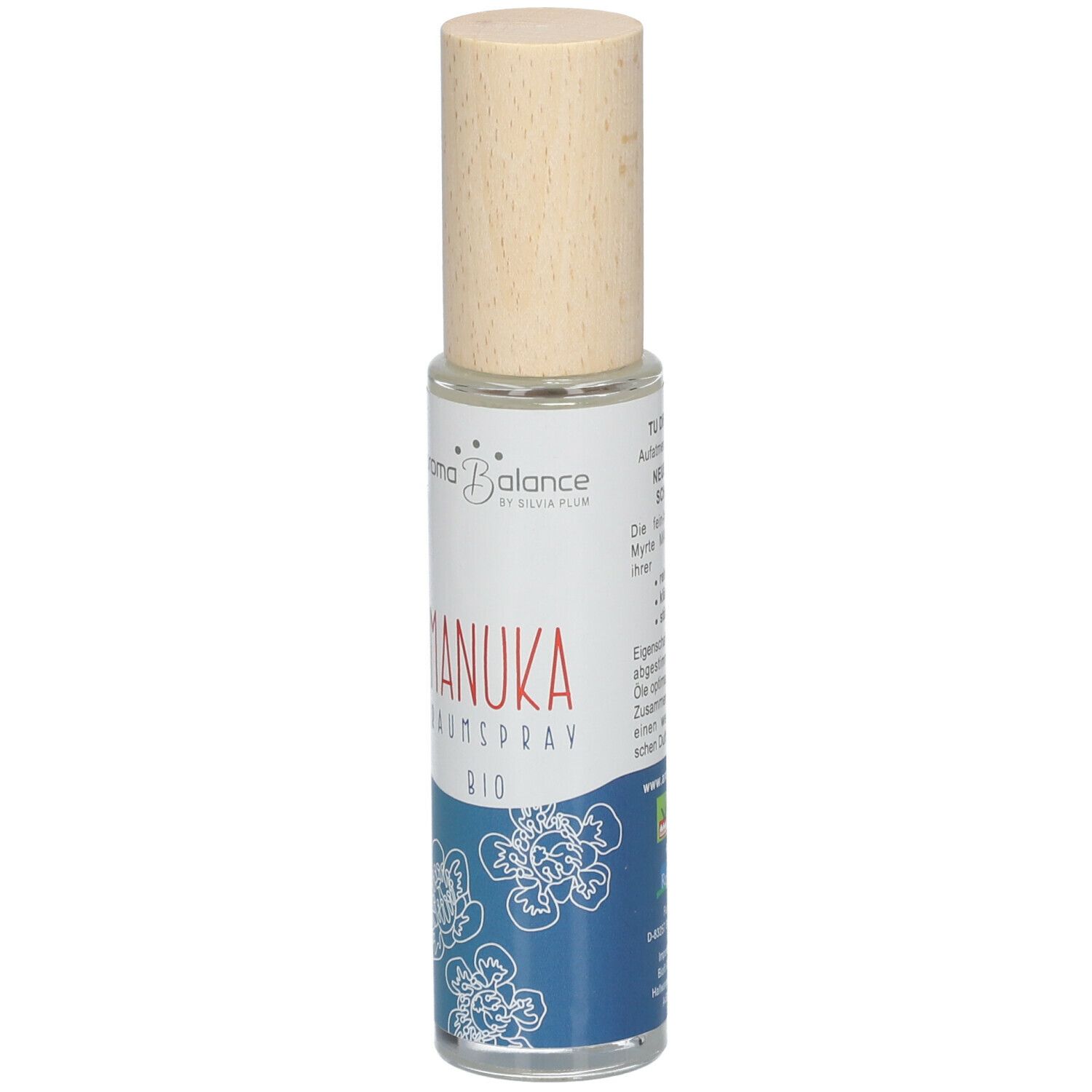 Aroma Balance Manuka Raumspray Bio. Rückseite der Flasche. Etikett mit Inhaltsstoffen, Warnhinweisen und 50ml Angabe.