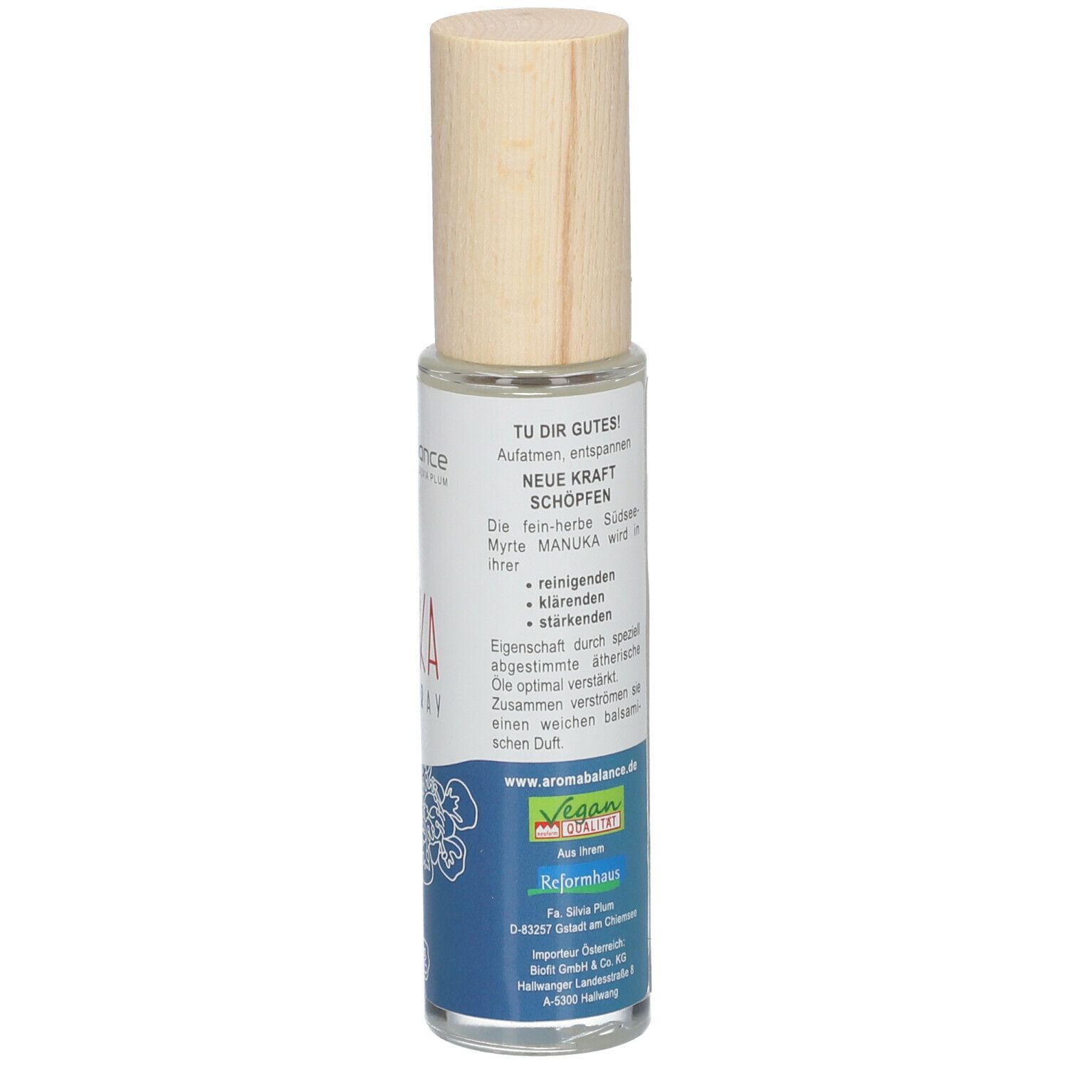Aroma Balance Manuka Raumspray Bio. Rückseite der Flasche. Etikett mit Inhaltsstoffen, Warnhinweisen und 50ml Angabe.