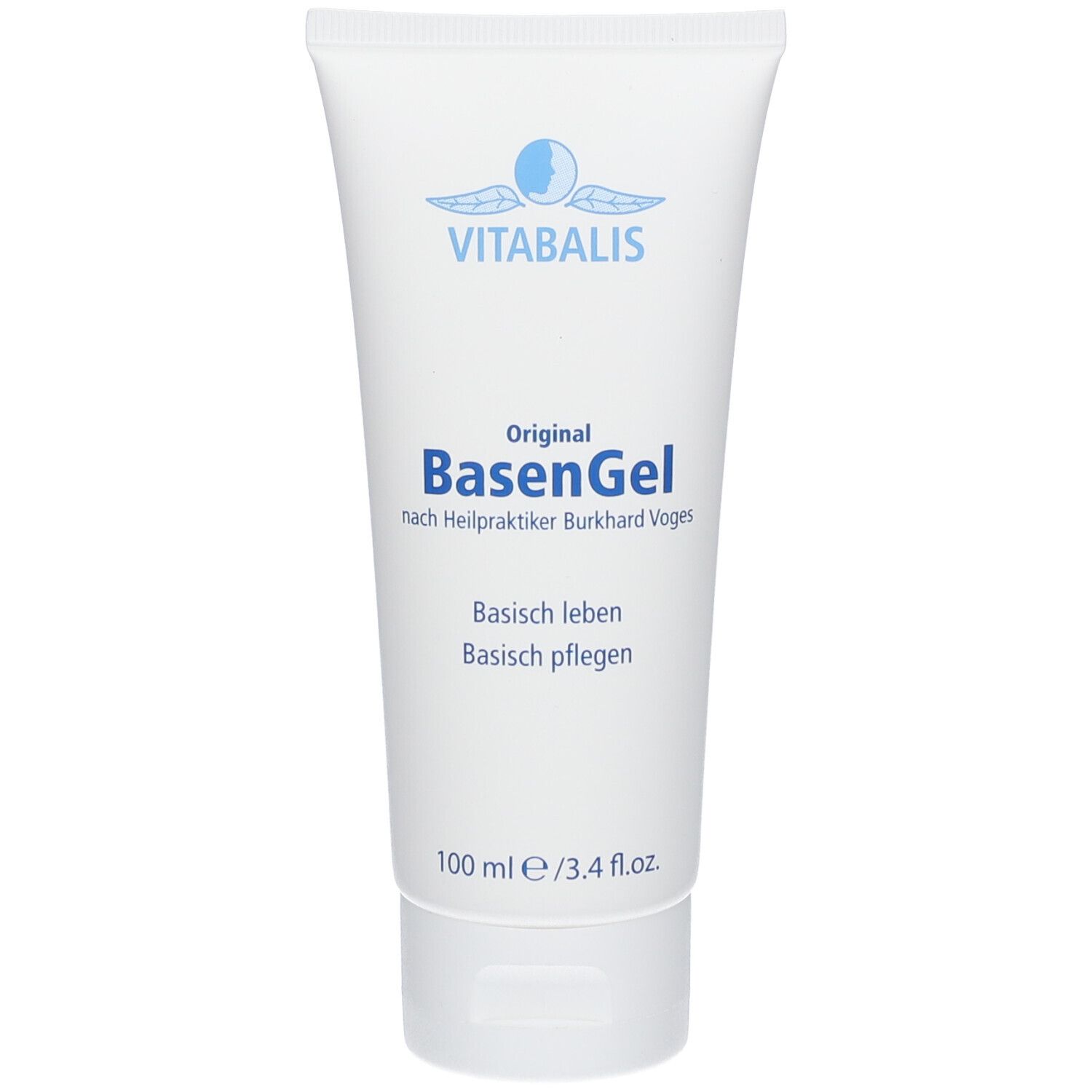 Tube blanche avec texte bleu BasenGel et logo. Texte: Original, nach Heilpraktiker Burkhard Voges. 100 ml.