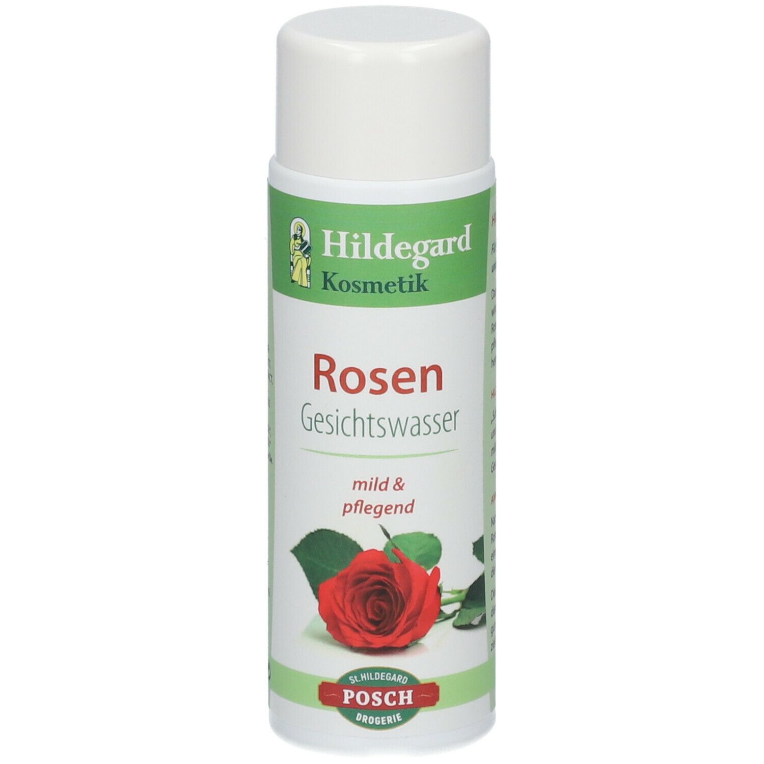 Zylindrische Flasche mit weißem Deckel. Etikett mit "Hildegard Kosmetik", "Rosen Gesichtswasser" und Rosenabbildung.