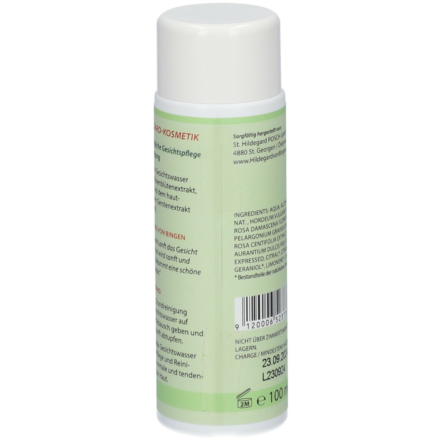 Rückseite der Flasche. Textabschnitte mit Produktinformationen und Inhaltsstoffen. Volumen: 100 ml.