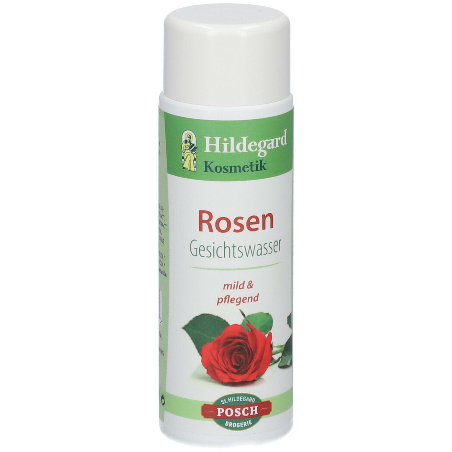 Zylindrische Flasche mit weißem Deckel. Etikett mit "Hildegard Kosmetik", "Rosen Gesichtswasser" und Rosenabbildung.
