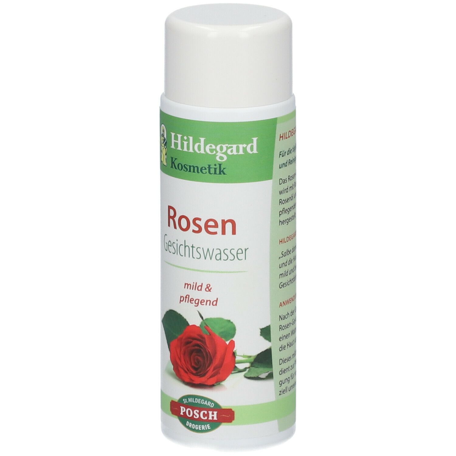 Zylindrische Flasche mit weißem Deckel. Etikett mit "Hildegard Kosmetik", "Rosen Gesichtswasser" und Rosenabbildung.