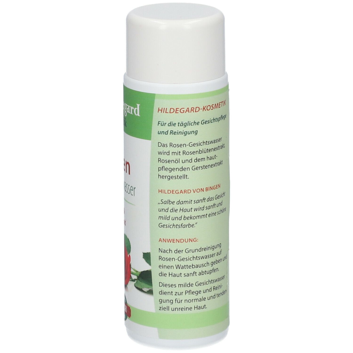 Rückseite der Flasche. Textabschnitte mit Produktinformationen und Anwendungshinweisen.