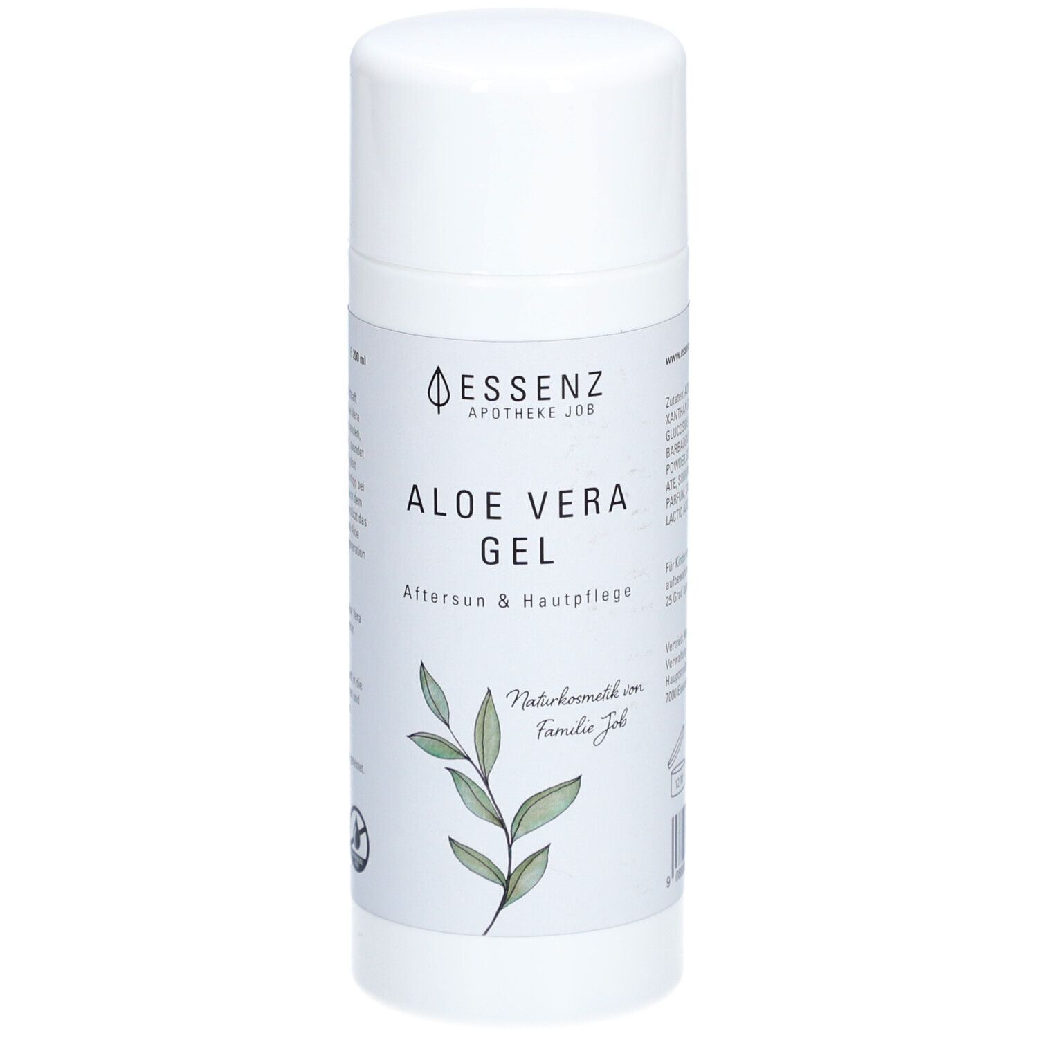 Weiße Tube mit Deckel. Aufschrift: Essenz Aloe Vera Gel. Mit Logo und Pflanzenabbildung. Text: Aftersun & Hautpflege.