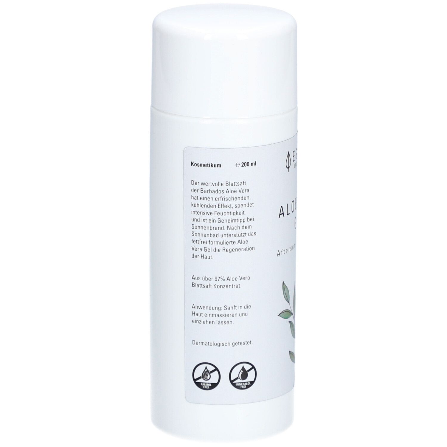 Weiße Tube mit Deckel. Rückseite mit Text: Beschreibung des Produkts, Inhaltsstoffe, dermatologisch getestet. 200 ml.