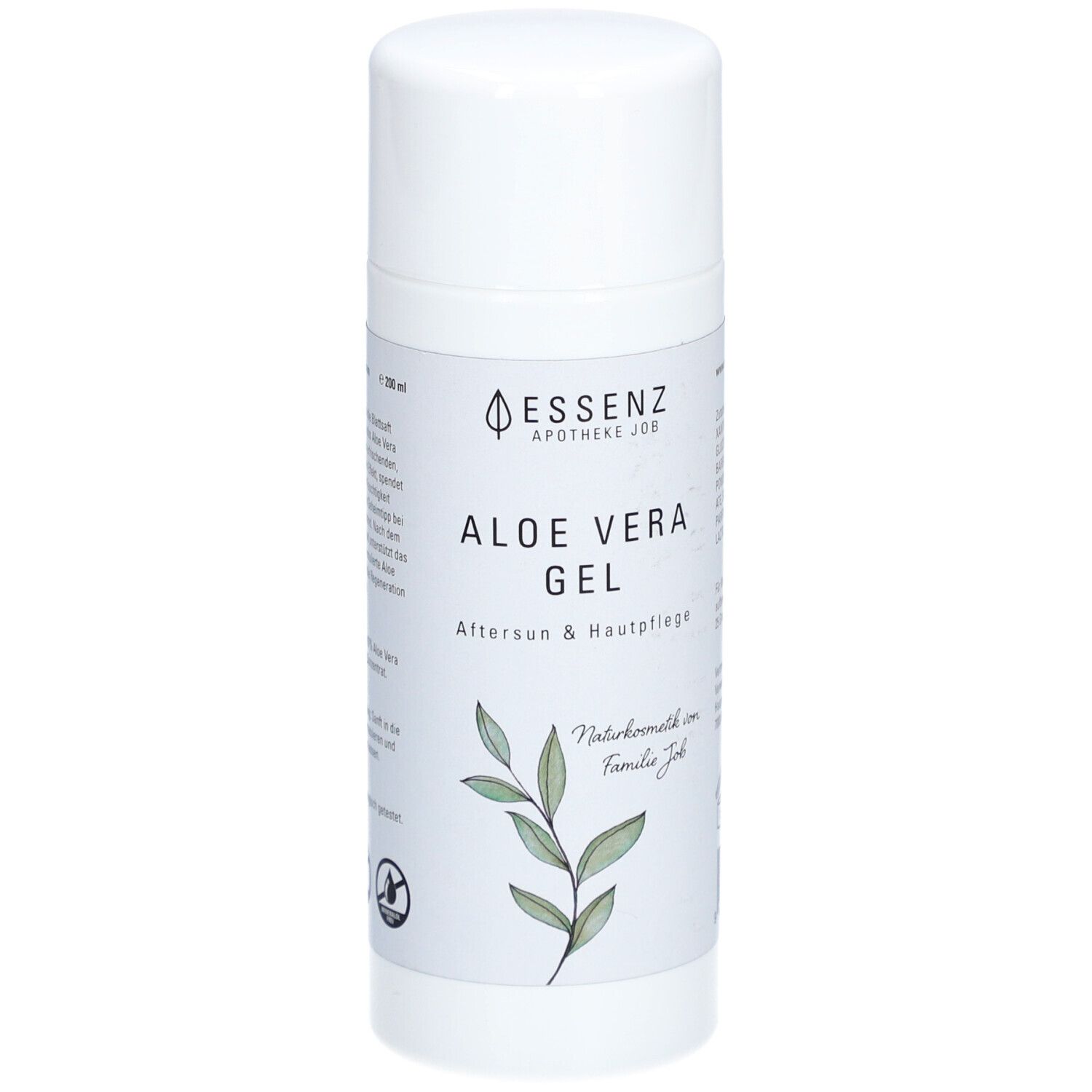 Weiße Tube mit Deckel. Aufschrift: Essenz Aloe Vera Gel. Mit Logo und Pflanzenabbildung. Text: Aftersun & Hautpflege.