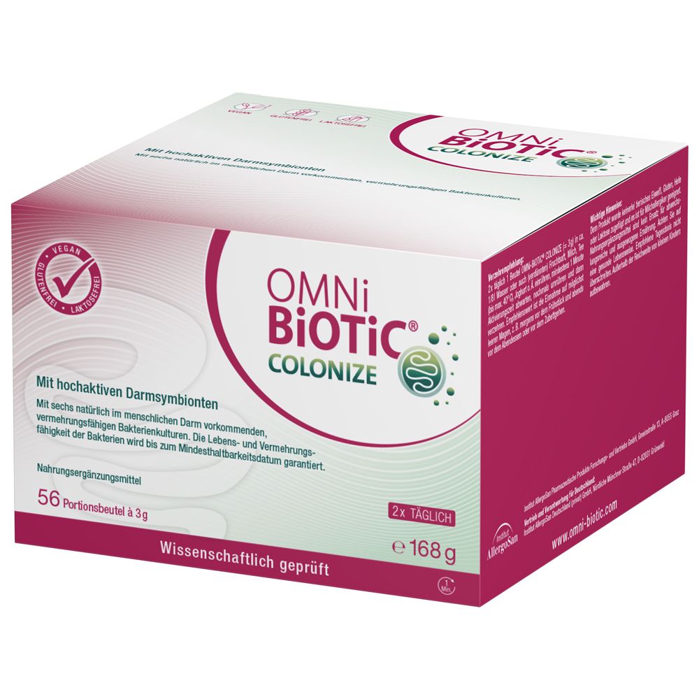 Boîte OMNi-BiOTiC® COLONIZE de 56 sachets portion de 3g. Contient des symbiontes intestinaux hautement actifs. Testé scientifiquement.