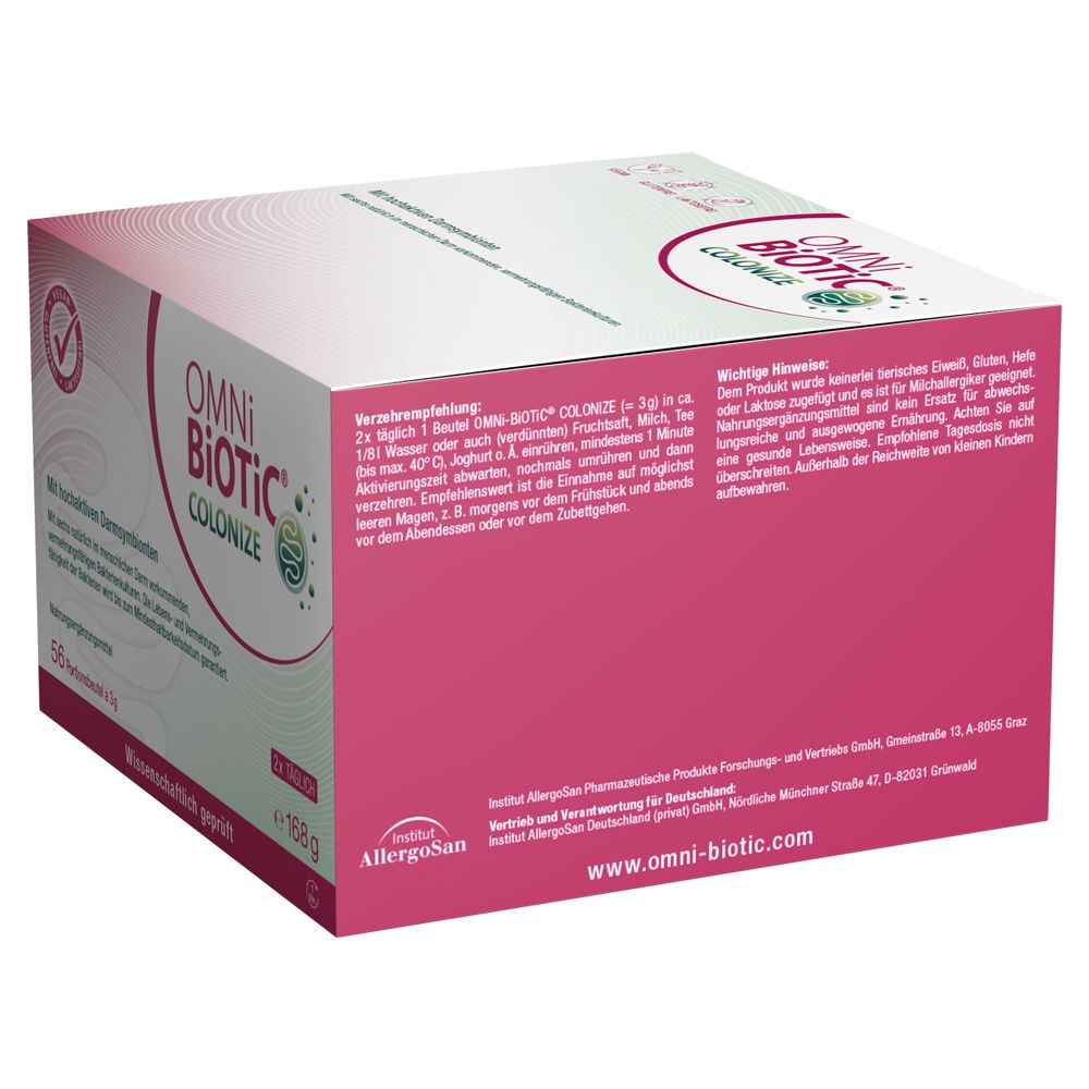 Arrière de la boîte OMNi-BiOTiC® COLONIZE de 56 sachets portion. Contient des instructions d'utilisation et des informations importantes.