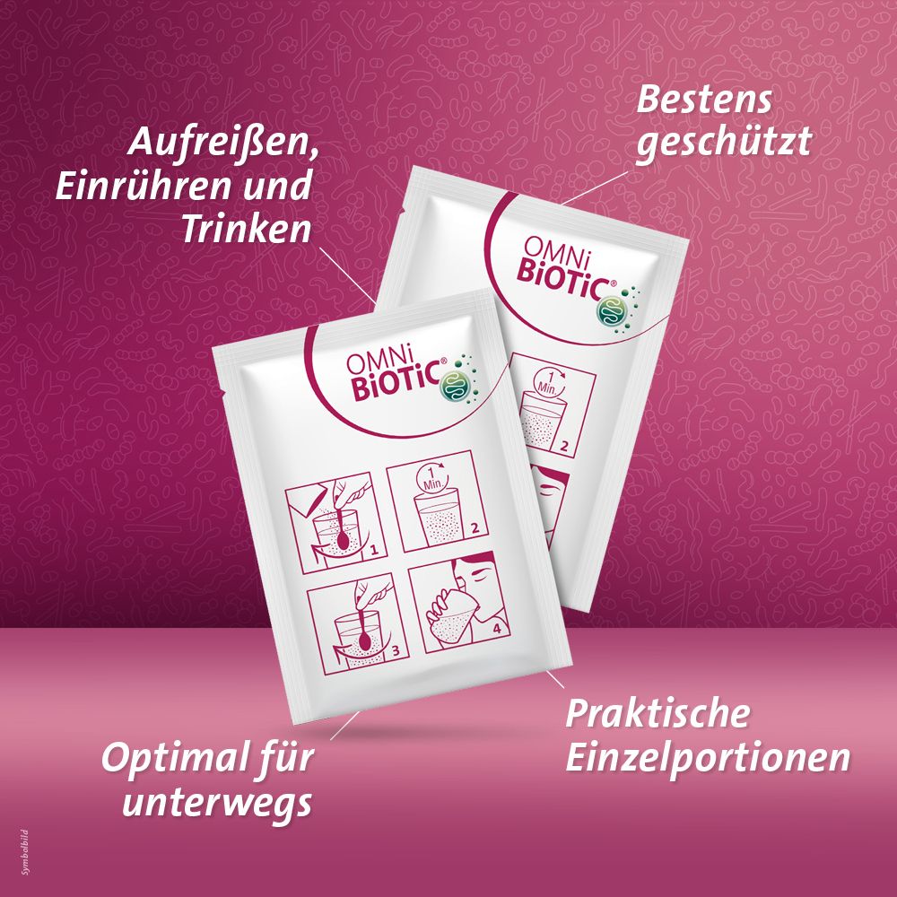 Deux sachets portion individuels OMNi-BiOTiC® COLONIZE. Montre les étapes de préparation : ouvrir, mélanger, boire. Pratique en déplacement.