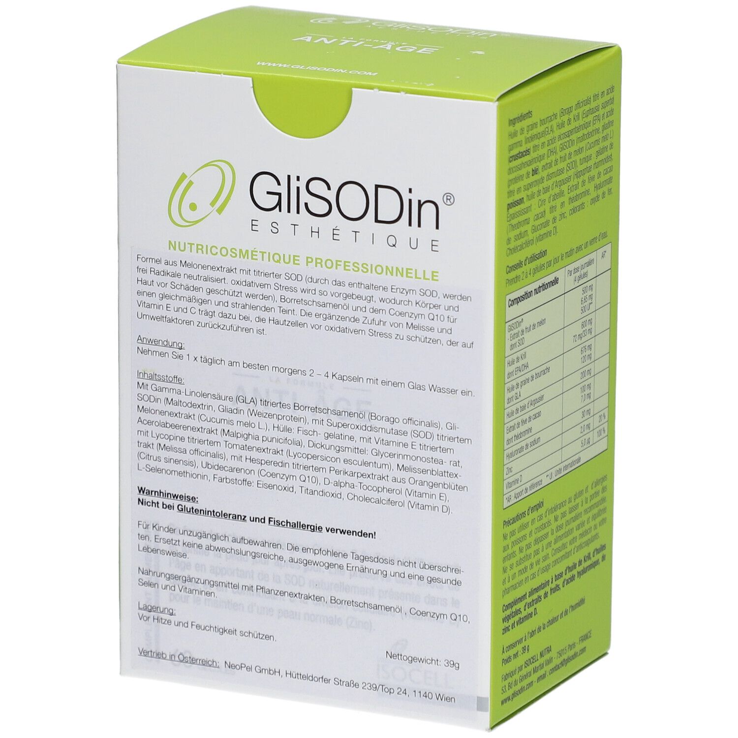 Dos de la boîte de gélules anti-âge GLISODIN. Ingrédients et instructions d'utilisation.
