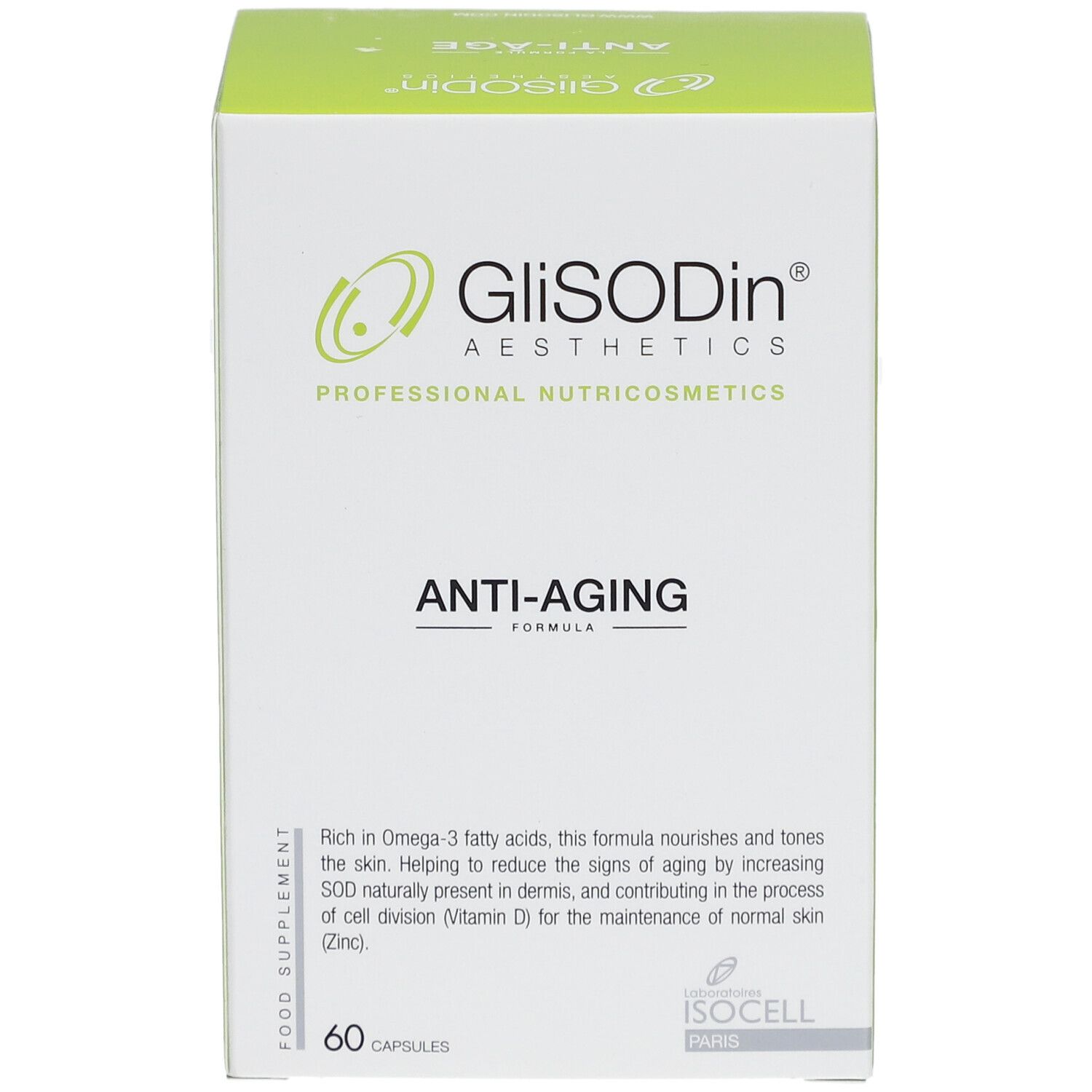 Boîte de gélules anti-âge GLISODIN. Blanche et verte. Logo et texte. 60 gélules.