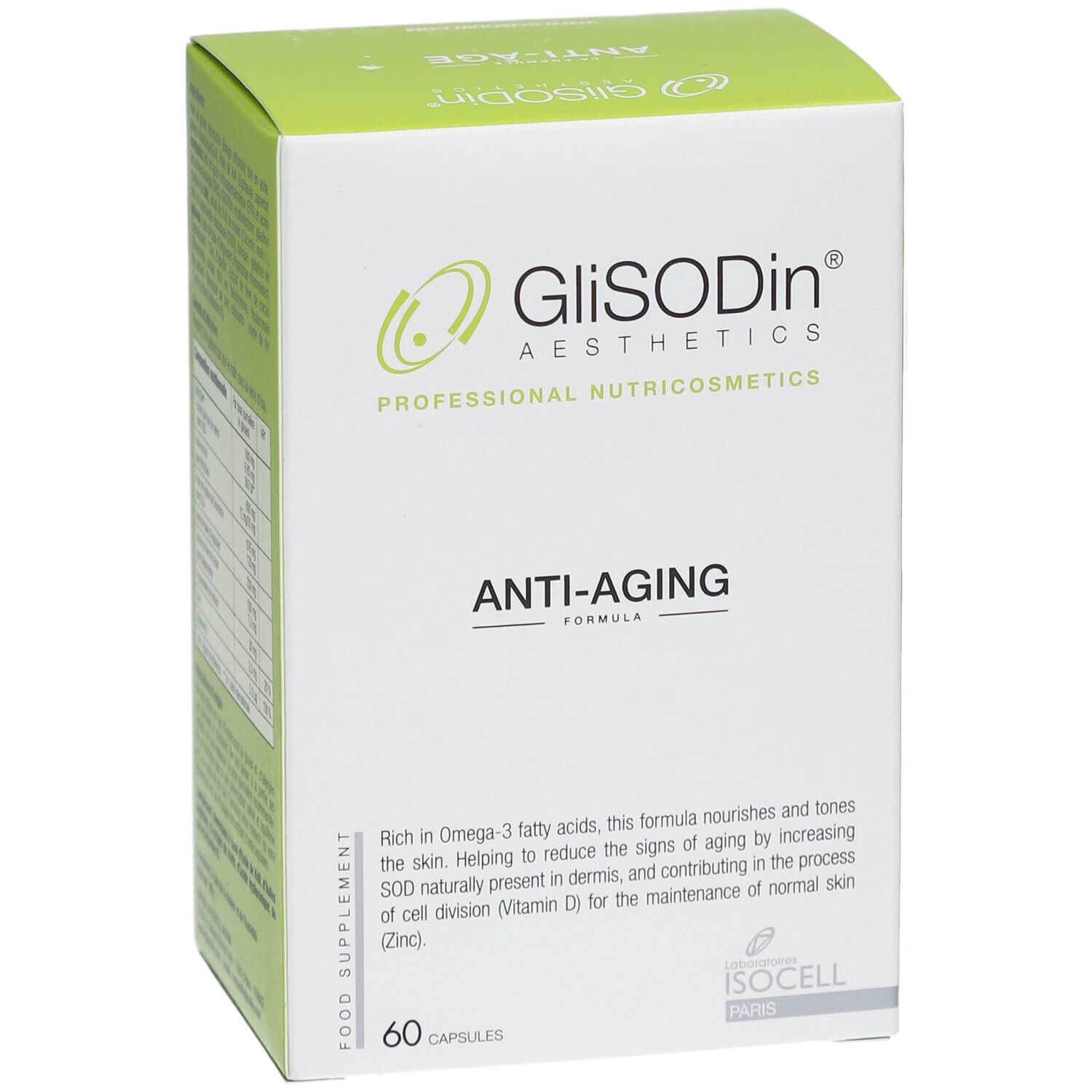 Boîte de gélules anti-âge GLISODIN. Blanche et verte. Logo et texte. 60 gélules.