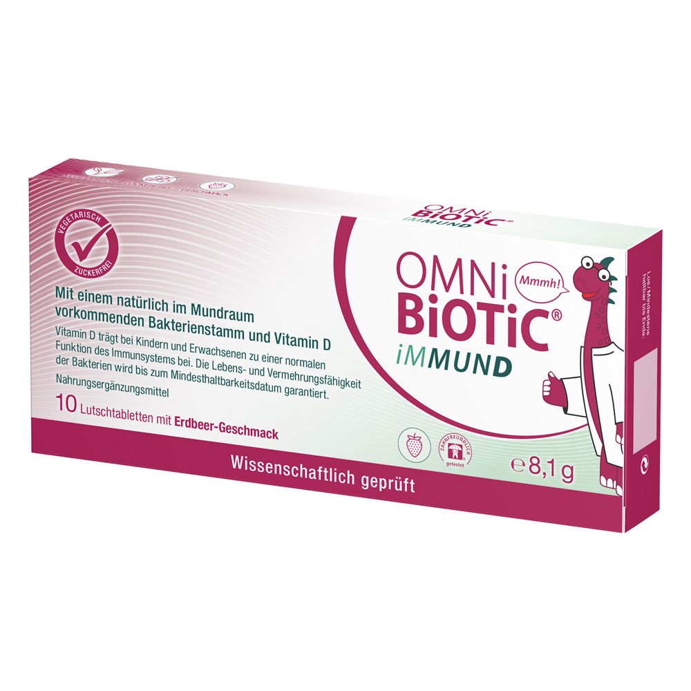 OMNi-BiOTiC® iMMUND Packung mit 10 Lutschtabletten, Erdbeer-Geschmack.