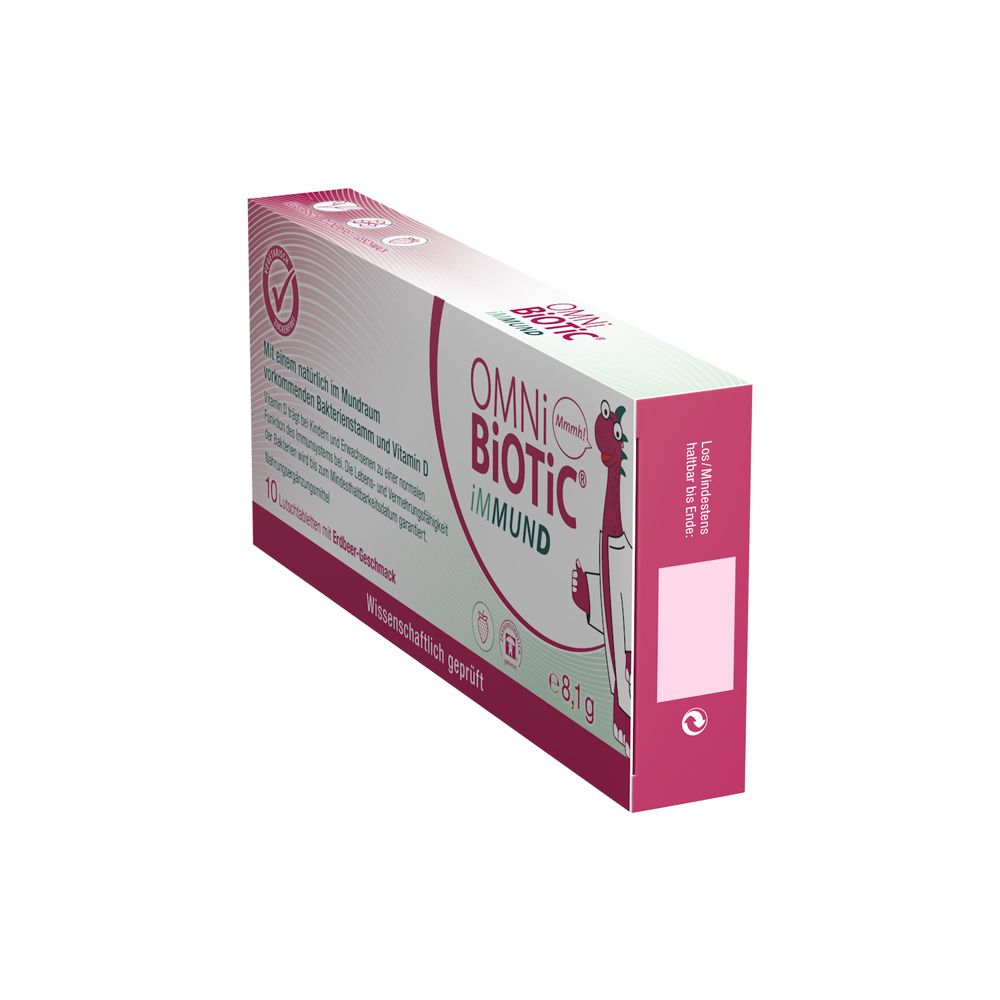 OMNi-BiOTiC® iMMUND Packung mit 10 Lutschtabletten, Seitenansicht.