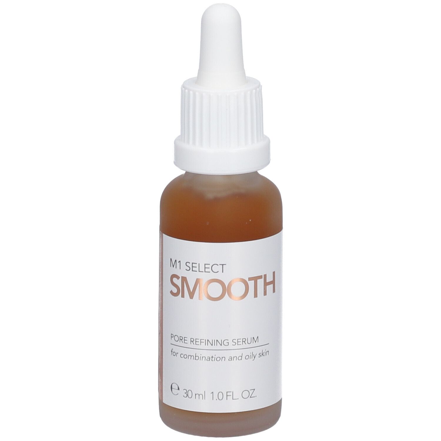 Braune Serumflasche mit weißem Deckel und Pipette. Aufschrift: M1 SELECT SMOOTH. Für Mischhaut und fettige Haut.