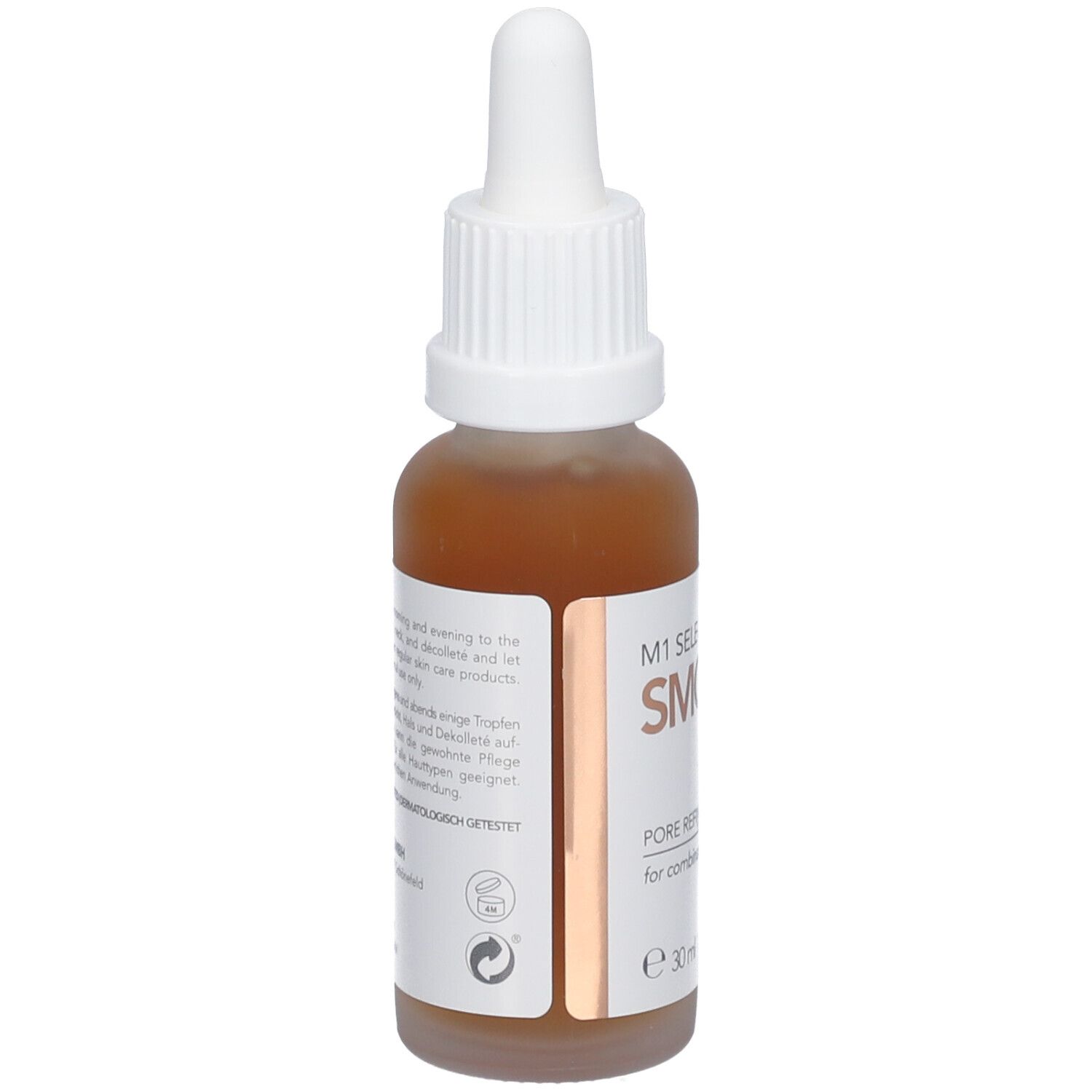 Braune Serumflasche mit weißem Deckel. Aufschrift: M1 SELECT SMOOTH. Text auf der Rückseite. Dermatologisch getestet.