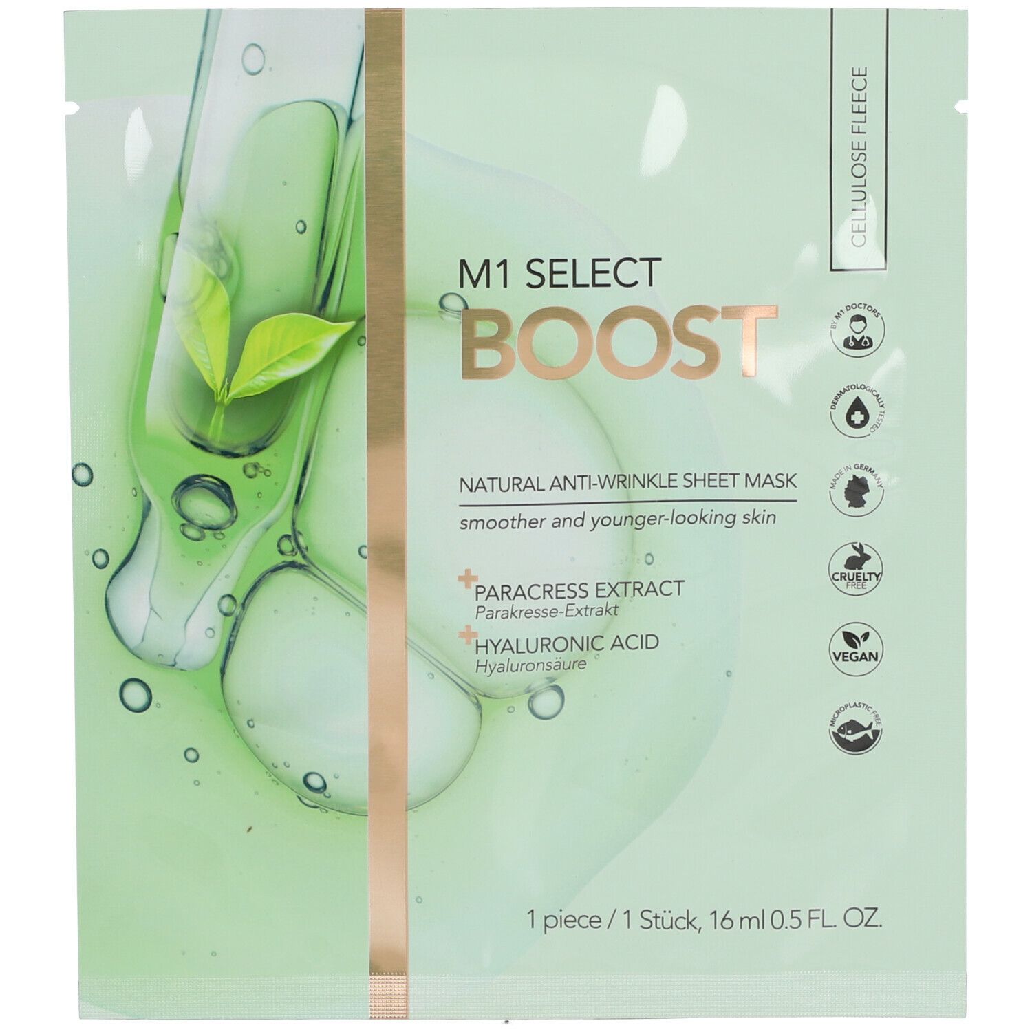 Emballage vert avec image du produit et texte M1 Select Boost. Contient de l'extrait de paracress et de l'acide hyaluronique. Vegan.