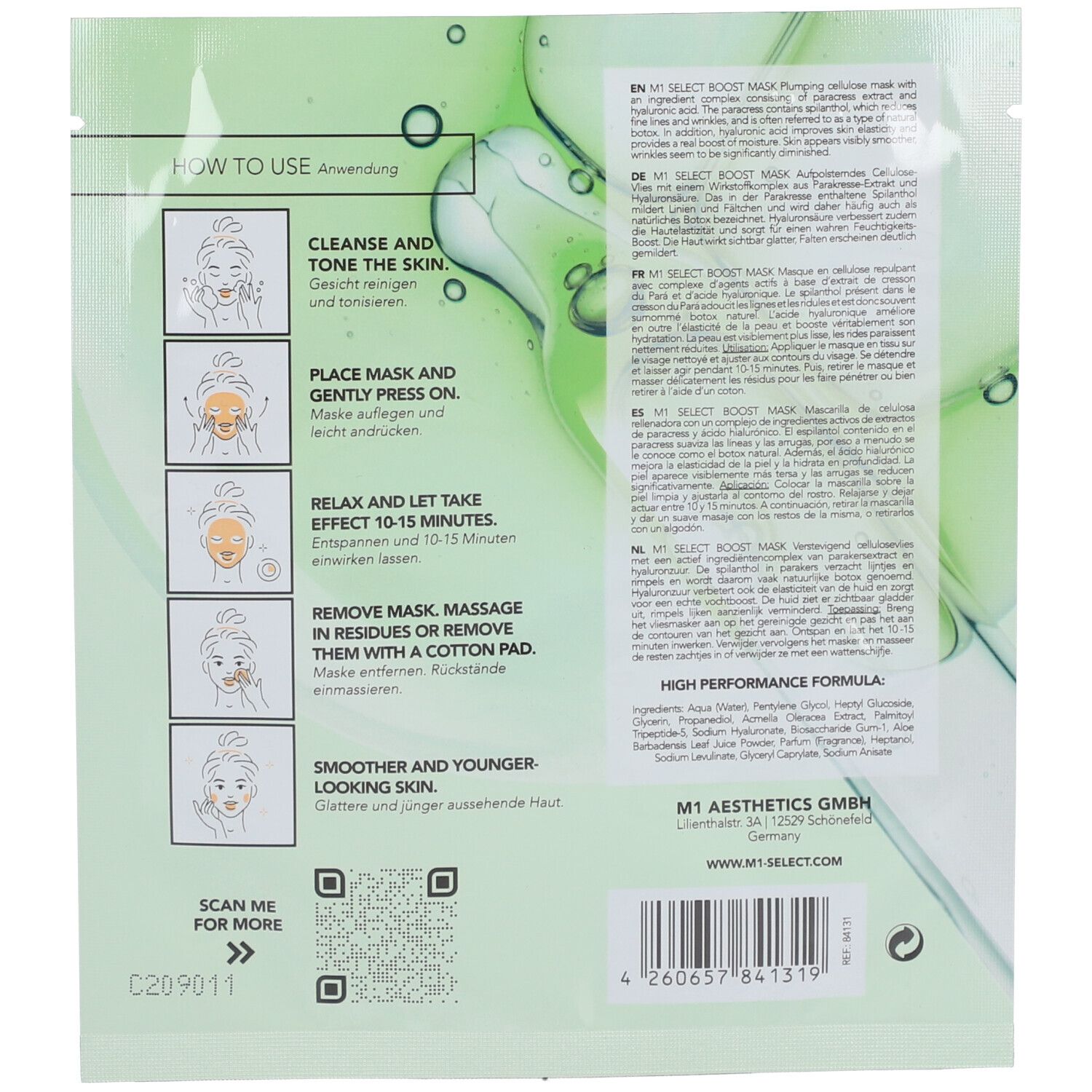 Dos de l'emballage avec instructions d'utilisation et texte. Contient un code QR et des informations sur le fabricant M1 Aesthetics GmbH.