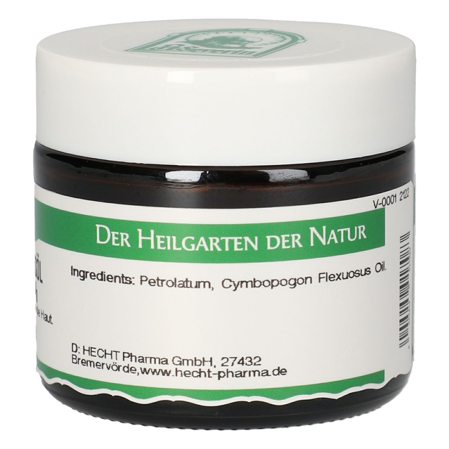 Braunes Glas mit weißem Deckel. Aufschrift: Der Heilgarten der Natur. Inhaltsstoffe.