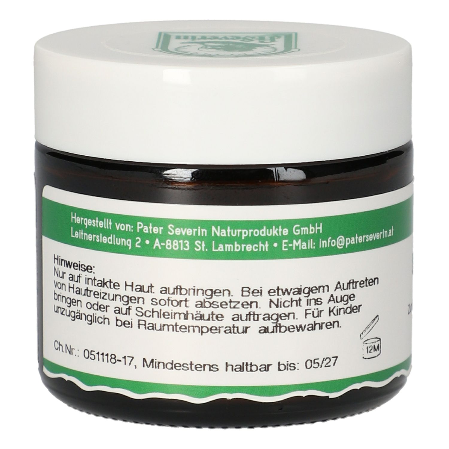 Braunes Glas mit weißem Deckel. Aufschrift: Hinweise. Mindestens haltbar bis: 05/27.