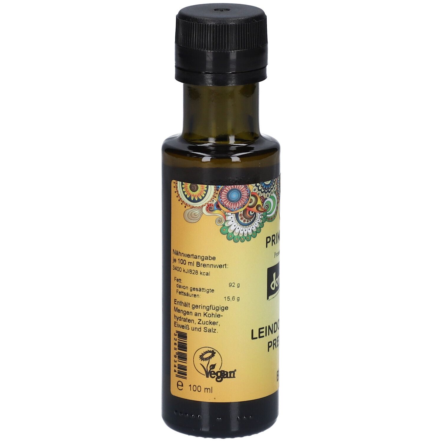 Bouteille en verre brun avec bouchon noir. Étiquette avec informations nutritionnelles, PRIMABENE, Leindotteröl PREMIUM, logo Vegan.