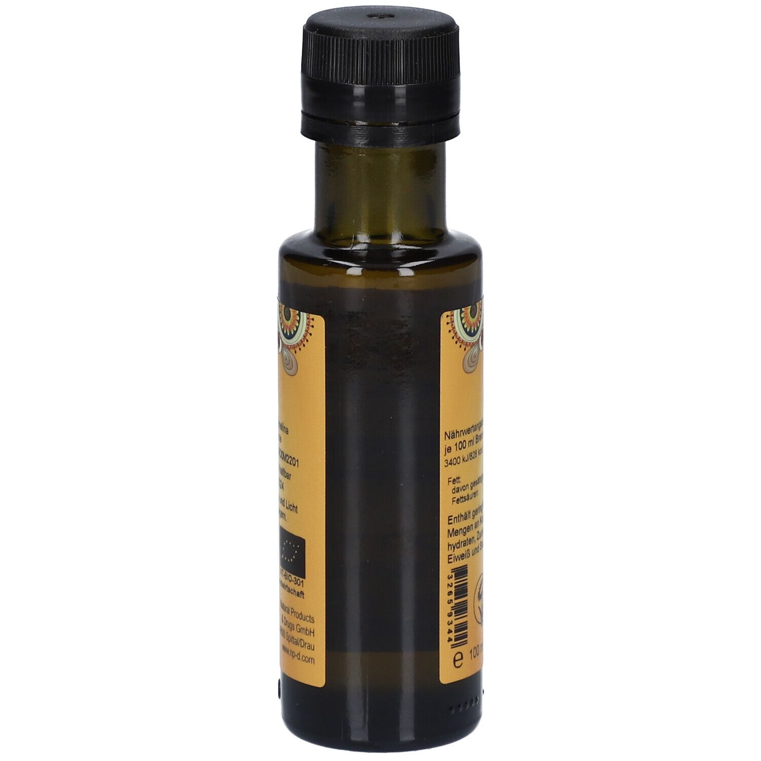 Bouteille en verre brun avec bouchon noir. Étiquette avec informations nutritionnelles et texte.