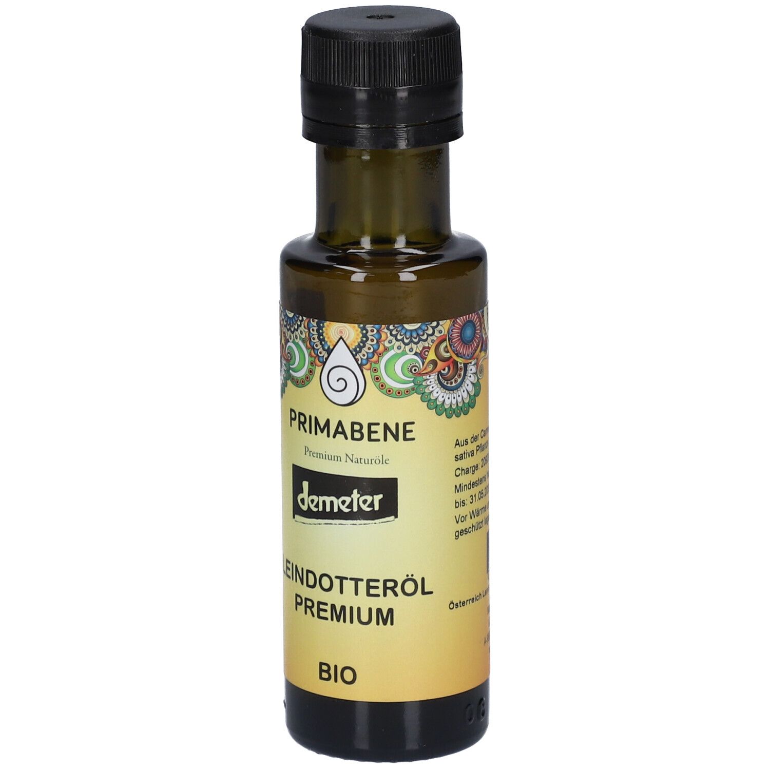 Bouteille en verre brun avec bouchon noir. Étiquette avec PRIMABENE, Leindotteröl PREMIUM, BIO et logo Demeter.