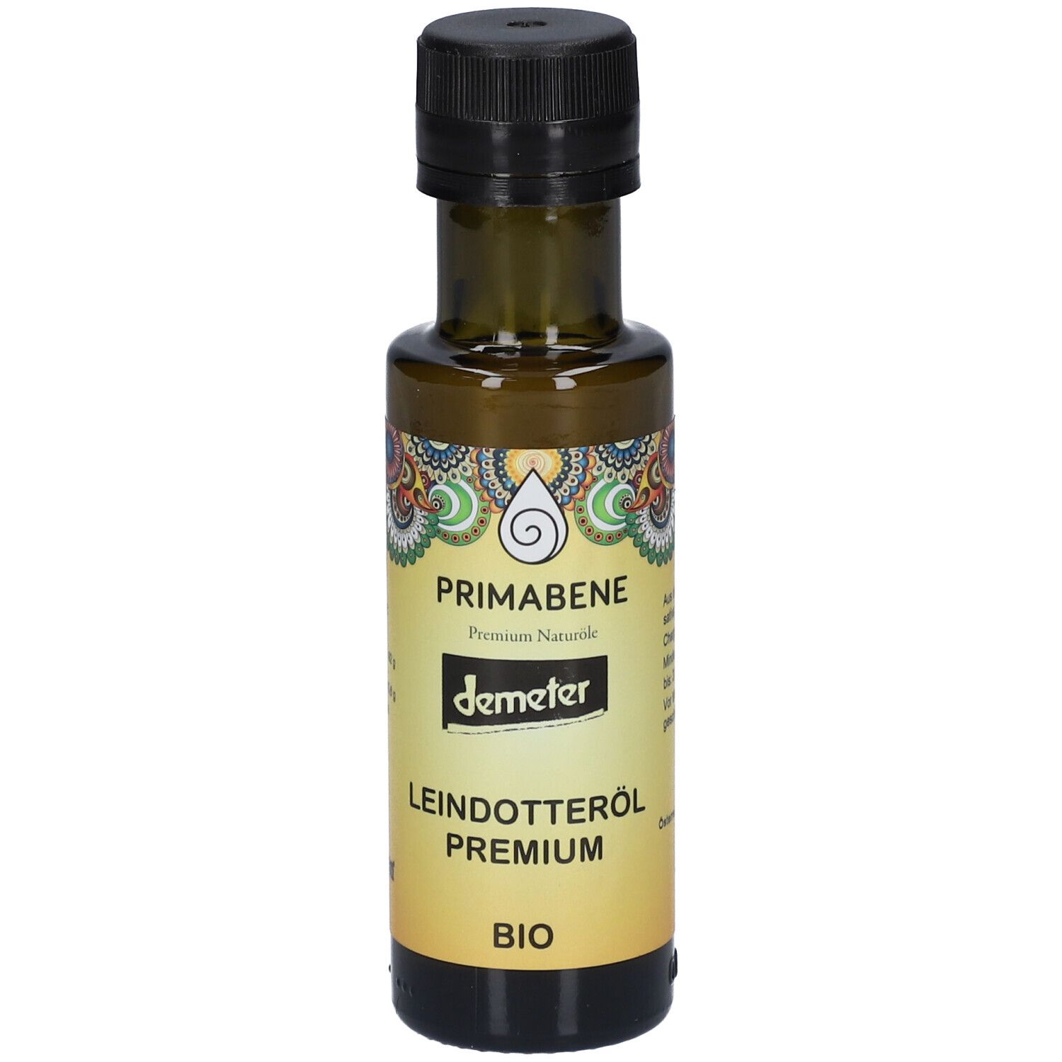 Bouteille en verre brun avec bouchon noir. Étiquette avec PRIMABENE, Leindotteröl PREMIUM, BIO et logo Demeter.