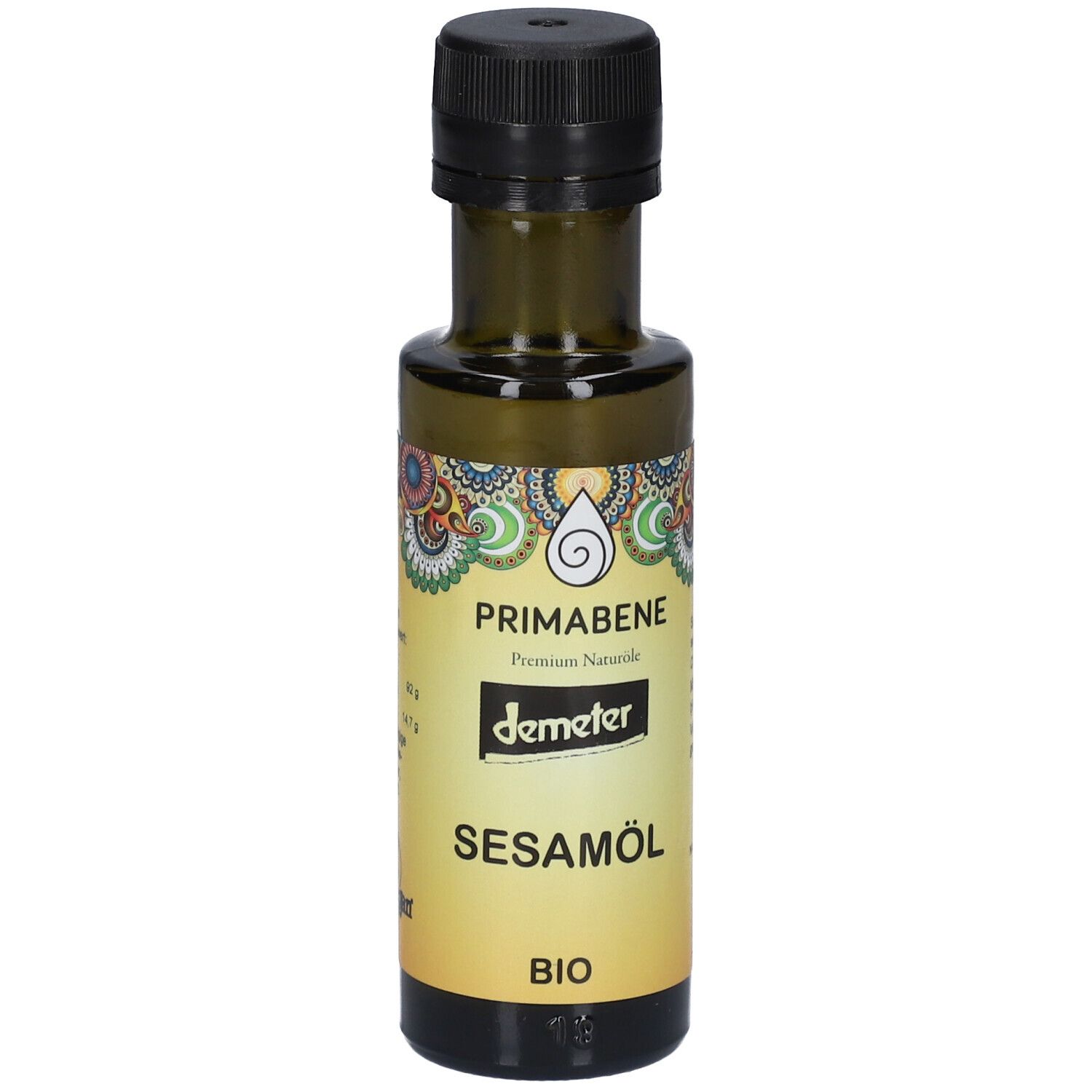 Bouteille en verre vert avec bouchon noir. Étiquette avec PRIMABENE, demeter, huile de sésame et logo BIO.