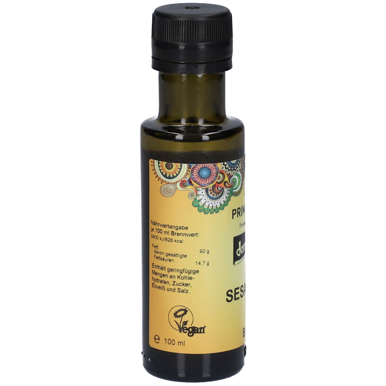 Bouteille en verre vert avec bouchon noir. Étiquette avec informations nutritionnelles, PRIMABENE, demeter, huile de sésame et logo Vegan.
