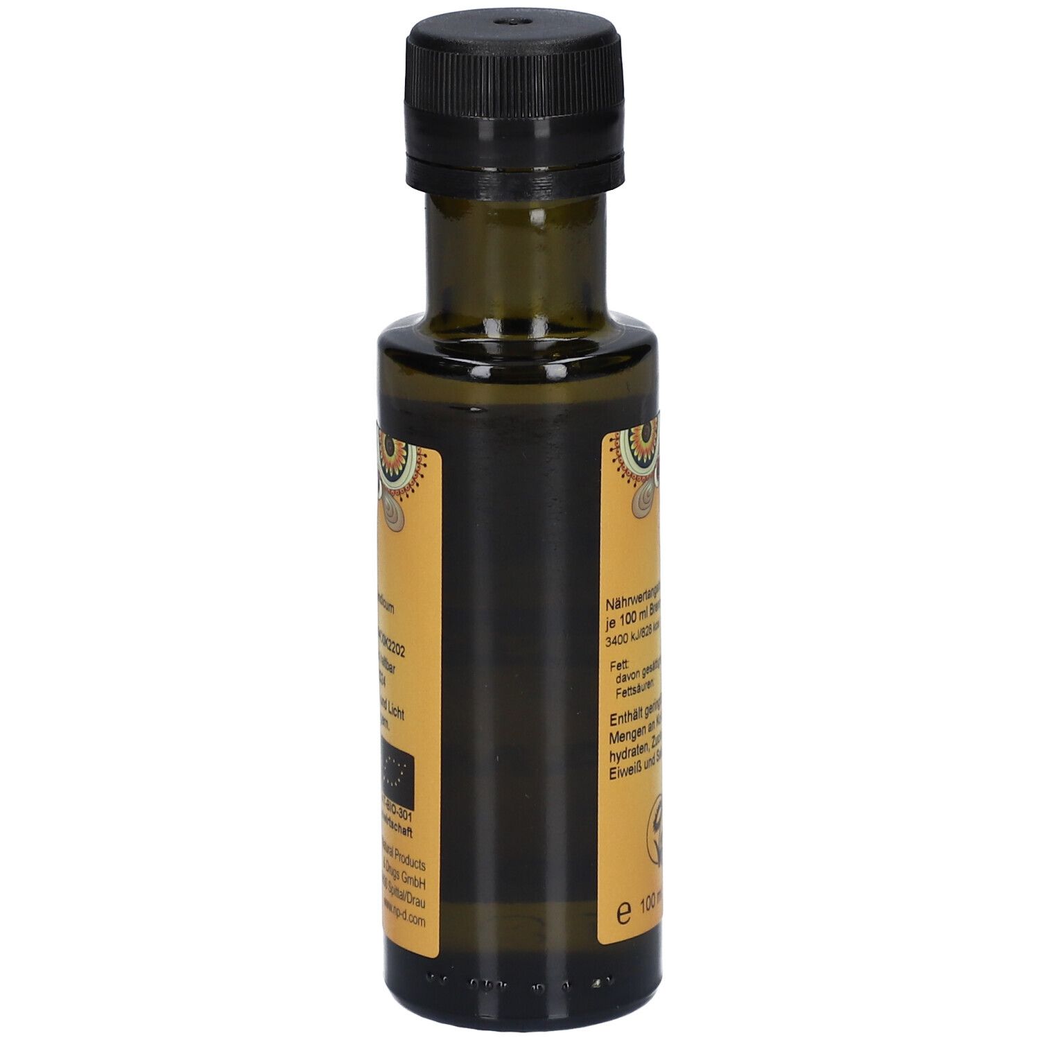 Dos d'une bouteille en verre vert avec bouchon noir. Étiquette avec informations et logo demeter.